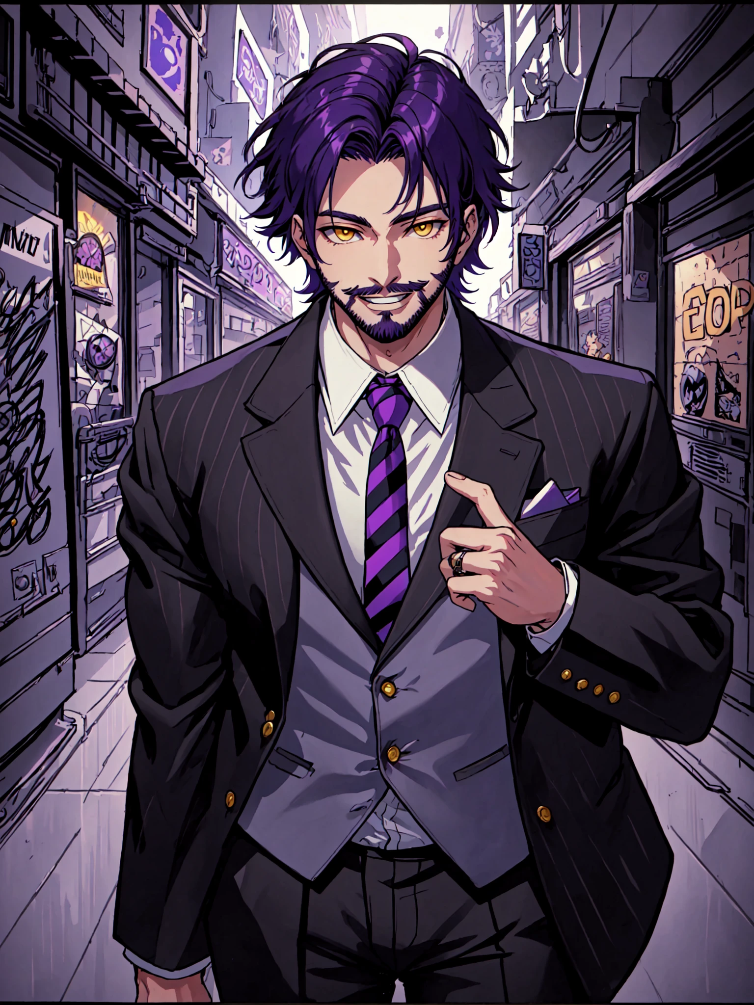 solo, looking at viewer, smile, short hair, shirt, 1boy, jewelry, jacket, yellow eyes, white shirt, purple hair, male focus, necktie, teeth, striped, collared shirt, pants, grin, black jacket, v, two fingers up, facial hair, black pants, formal, ring, suit, beard, mustache, comic book style, striped necktie, purple necktie, best illustration, cinematic angle, cinematic lighting, masterpiece, official art