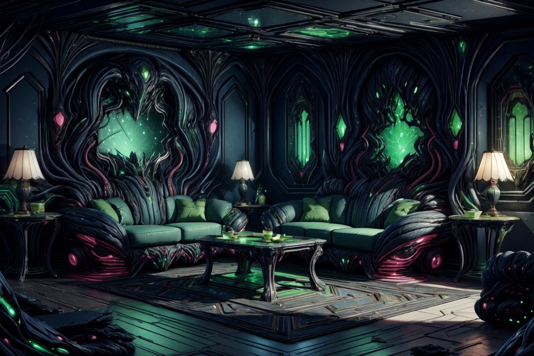 masterpiece, best quality, absuredres, <lora:NeoFalmerWorld1.0:1> neofalmerworld, scifi, livingroom with couch and table, chitin, green glow, rough jagged texture, <lora:add_detail:0.4>