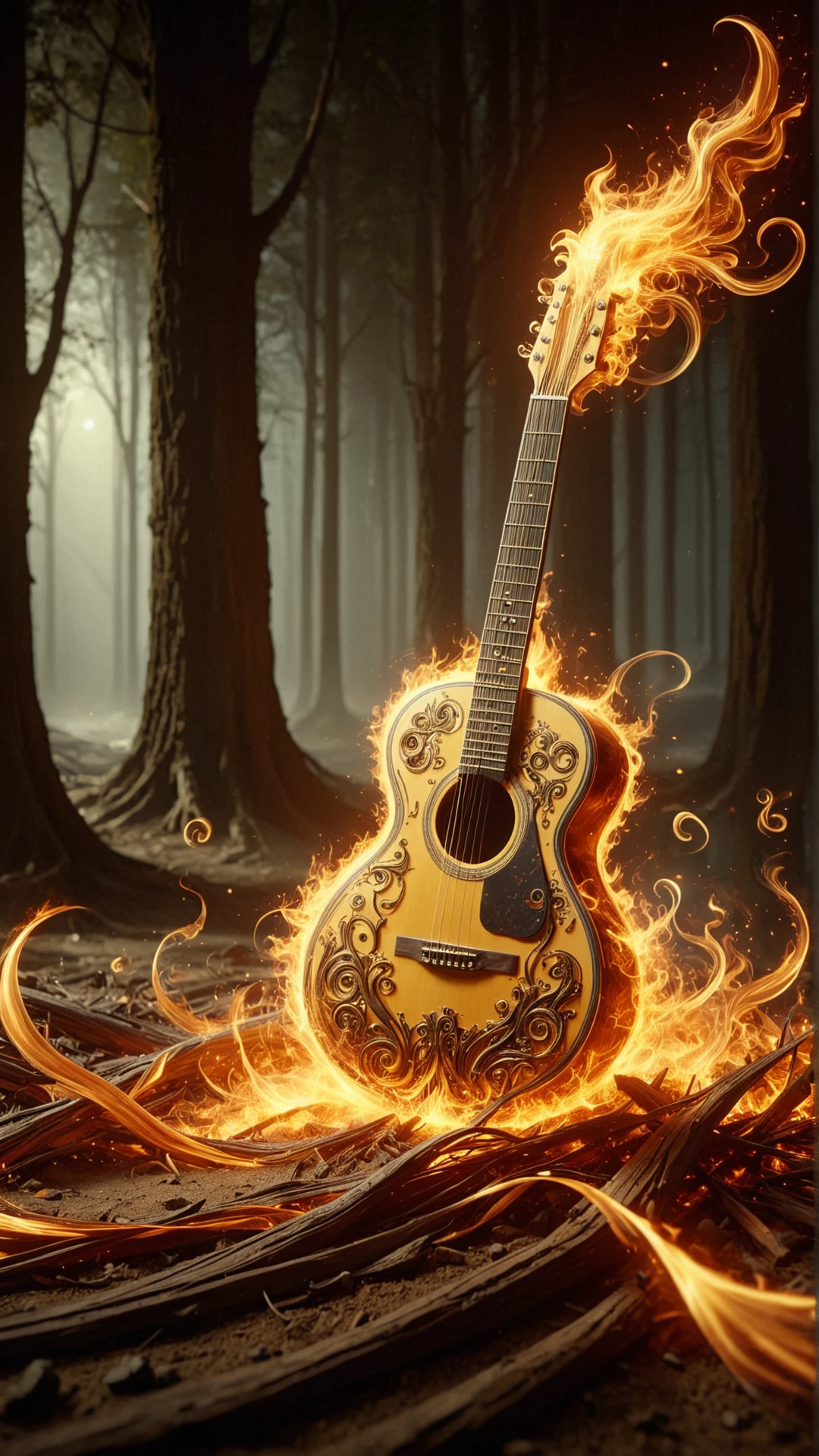 <lora:ElementFireSDXL:1>ElementFire Yellow Guitar string winder,digital painting, wind, secrets, forgotten lives, surreal, dreamlike, moonlit forest, orchestra of crickets, golden sand, lost city, adventure, mystery, drama, vibrant colors, dynamic, intricate, detailed, concept art, artstation, wallpaper, illustration, wide angle, artbook, promo art, dramatic lighting flames, burning fire, blazing, (Masterpiece:1.3) (best quality:1.2) (high quality:1.1)