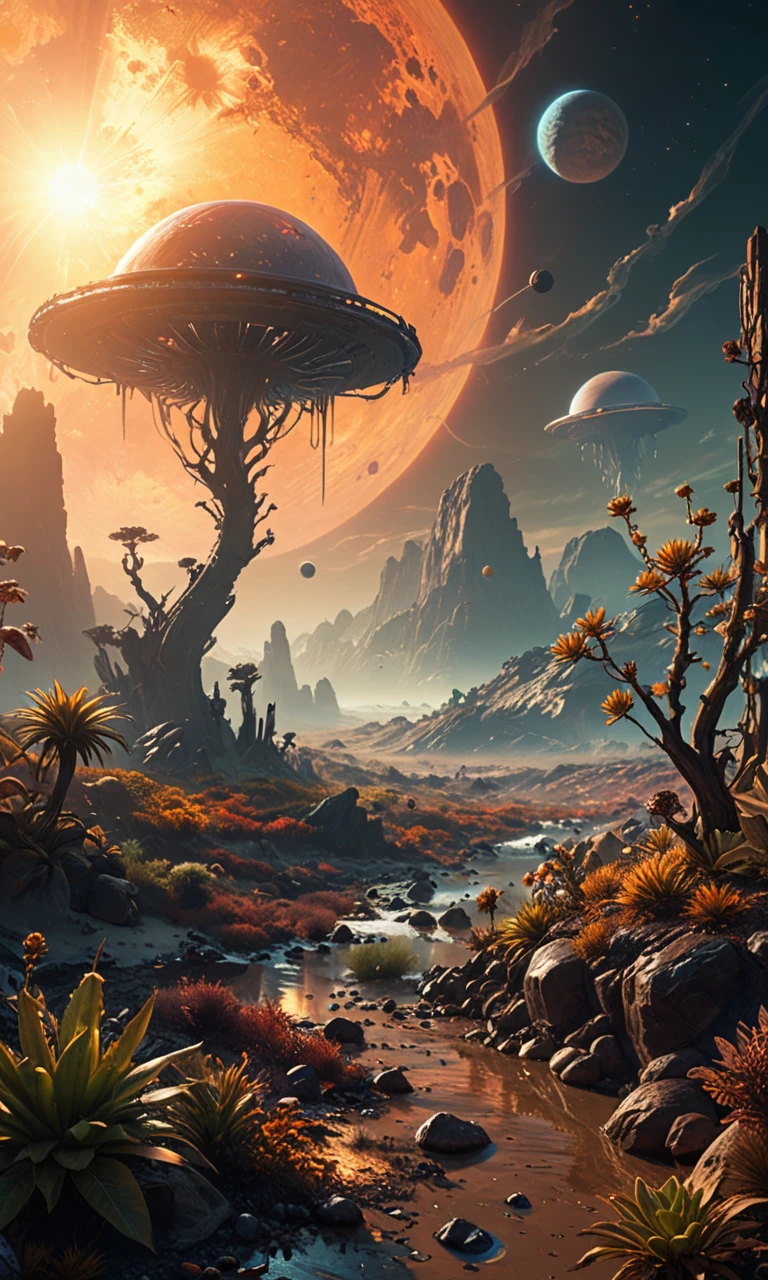 Landscape of another planet with two suns in the sky, strange plants, and alien creatures, masterpiece, fantasy, digital art, highly detailed, overall detail, atmospheric lighting, Awash in a haze of light leaks reminiscent of film photography, awesome background, highly detailed styling, studio photo, intricate details, highly detailed, cinematic,