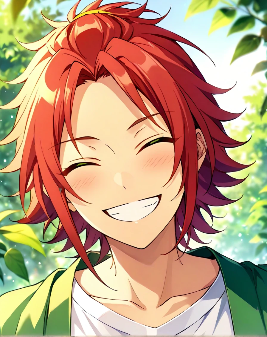 masterpiece, best quality, very aesthetic, absurdres, very detailed, score_9, score_8_up, score_7_up, depth of field, ((1boy, solo, male only, male focus, face focus)), (isara_mao, green eyes, red hair, medium hair, long bangs, adult), happy, closed eyes, smiling, teeth, looking at viewer, facing viewer, collarbone, outdoors, <lora:Lightning-8:1> <lora:Isara_Mao_SDXL_LoRA:0.74>