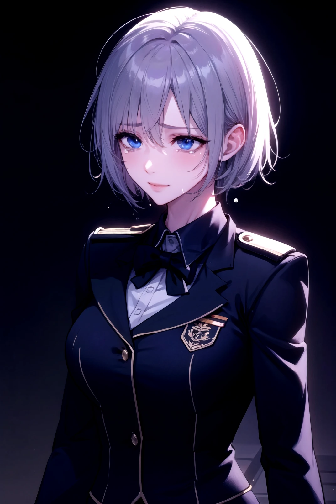 (masterpiece, best quality),female focsu, light smile, volumetric lighting, dark background, gray hair, blue eyes,uniform,expressionless, tears, formal,short hair,