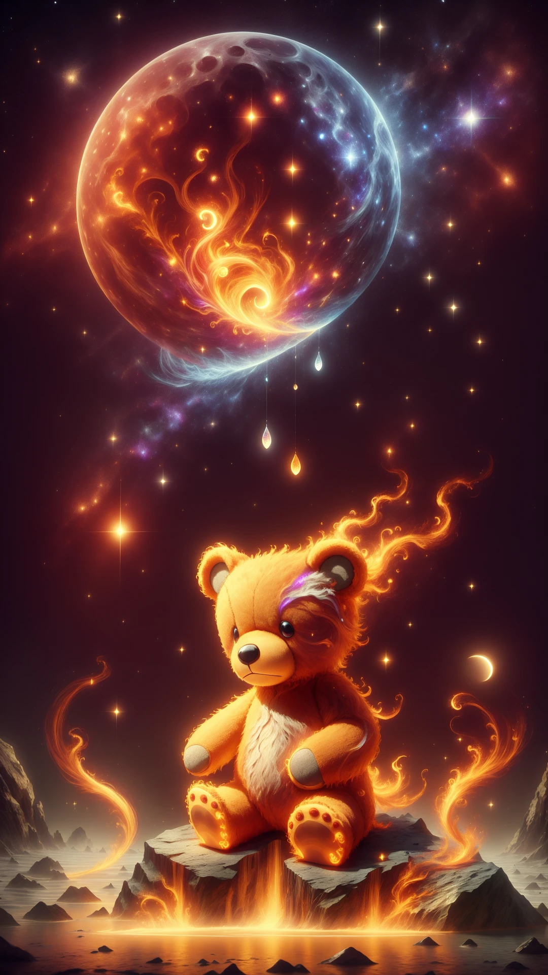 <lora:ElementFire:1.0>ElementFire Orange teddybear,Surreal digital art of a teardrop-shaped moon with a glowing, silver tear falling from it, creating a shimmering pool of mercury on a dark, rocky surface, Stars and galaxies in the background, Blue and purple hues, Neon lighting, Glowing particles, High contrast, Sharp focus, Smooth edges, Detailed reflections, Dreamlike atmosphere, (Masterpiece:1.3) (best quality:1.2) (high quality:1.1)