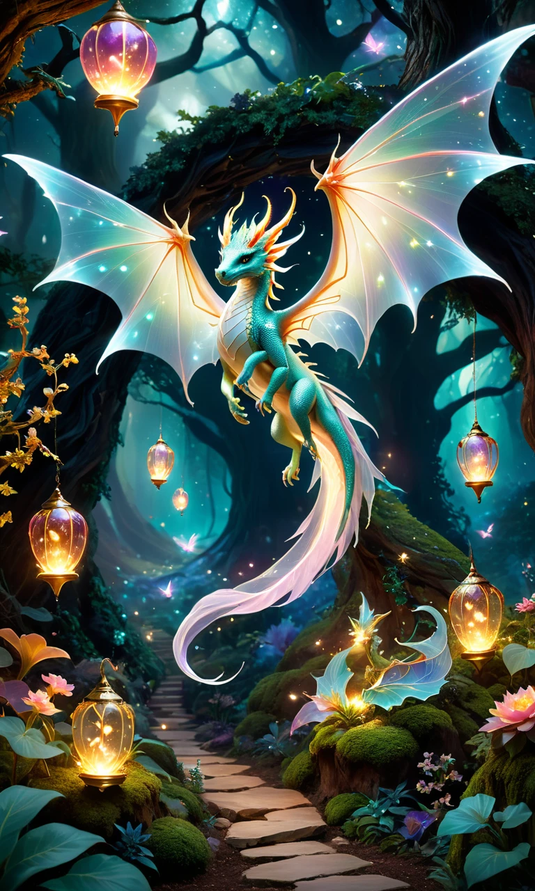 Aether-like fantasy concept art depicting a magnificent, celestial, aether-like scene with a painterly style and epic qualities. The image showcases an atmosphere of grandeur and magic, perfect for a fantasy art cover. It depicts a fantastical animal garden with a miniature fairy dragon in a slanted displacement landscape. Miniature fairy dragons are emphasized, with bright colors and bizarre, luminous, aether-like transparent wings, suspended in the air. The scene is filled with sparks and fairy lanterns, creating an enchanted forest environment with a dreamlike atmosphere and soft focus. The background is subtle but slightly weakened to keep the dragon in focus. The overall image should be full of magic, have a fairytale feel, and contain colorful lights.
<lora:é²å䏿´¾@äºå½©å
SDXL (1):1>