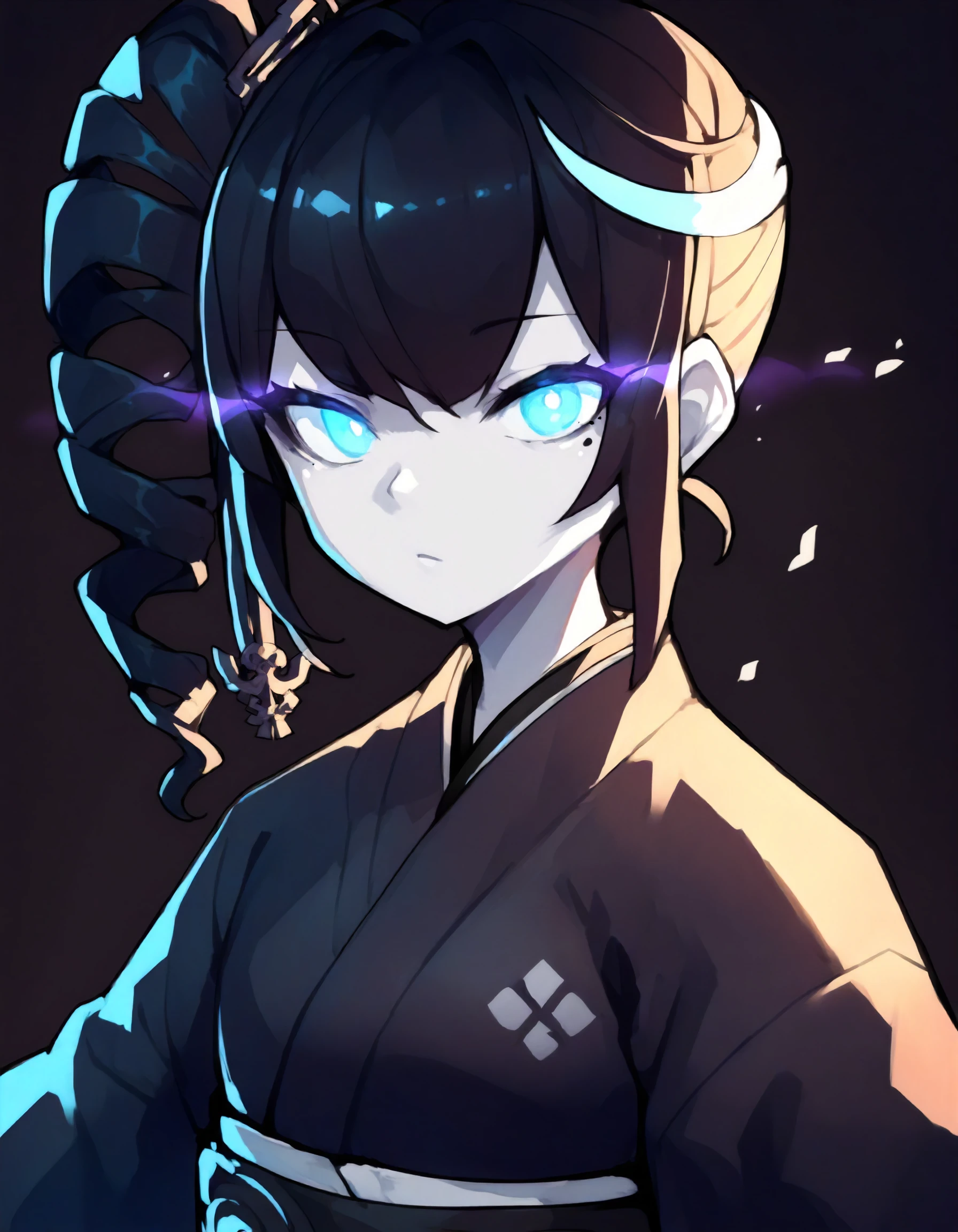 score_9,score_8_up, score_7_up,source_anime,1girl,upper body,
looking at viewer,
<lora:ancientdestroyeroni_ponyXLV6:0.7>,asadon,
pale skin,mole under eye,cyan eyes,glowing eyes,
black hair,side ponytail,side drill,hair ornament,
japanese clothes,black kimono,dark background