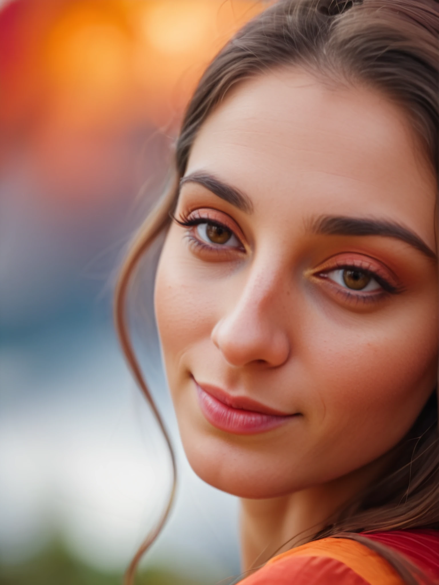 color-graded close up photo of 25yo woman, desilatte:0.8, smiling, turning away from camera, one eye closed, clouds of colored spice in front of her face, analog, fuji XT3, shallow depth of field, background bokeh,