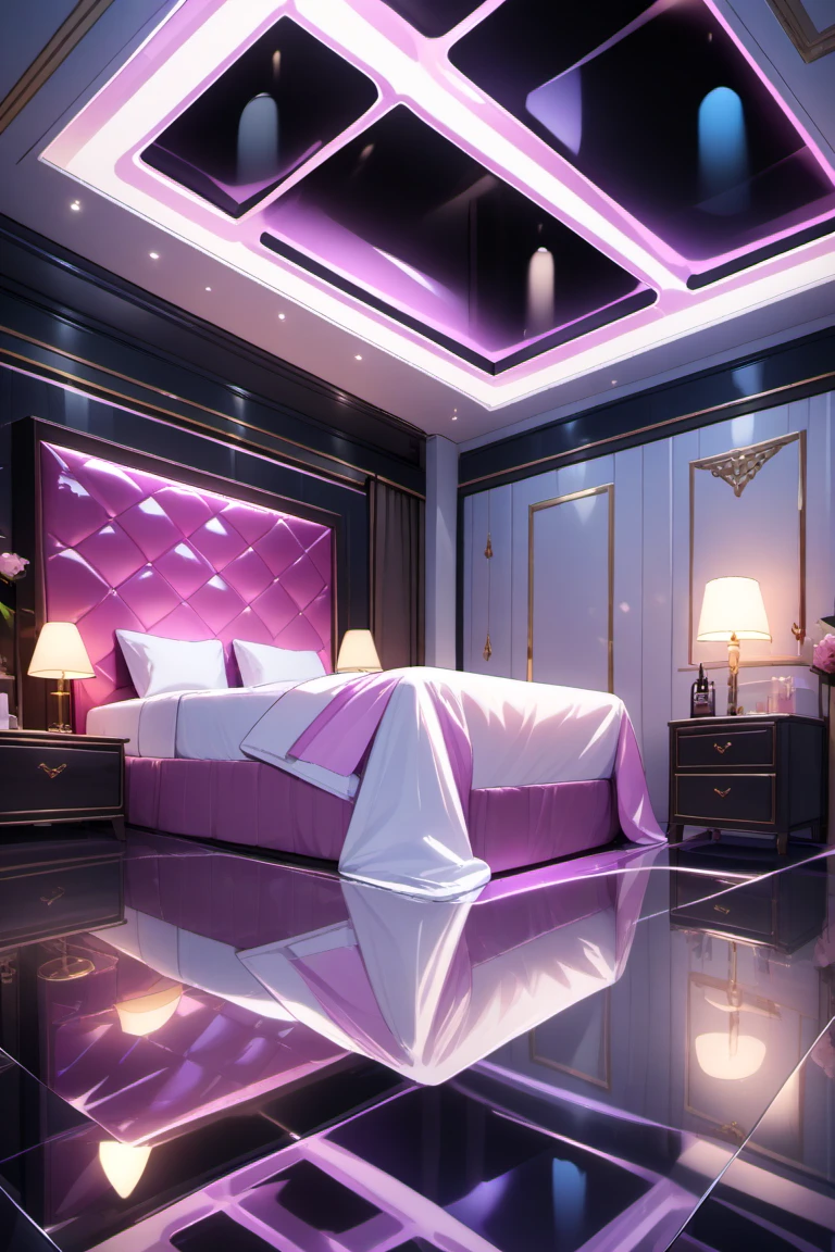 <lora:lovehotelPony01:0.9> lovehotel, reflection ground, glowing bed,ceiling reflection,, masterpiece, best quality, very aesthetic,