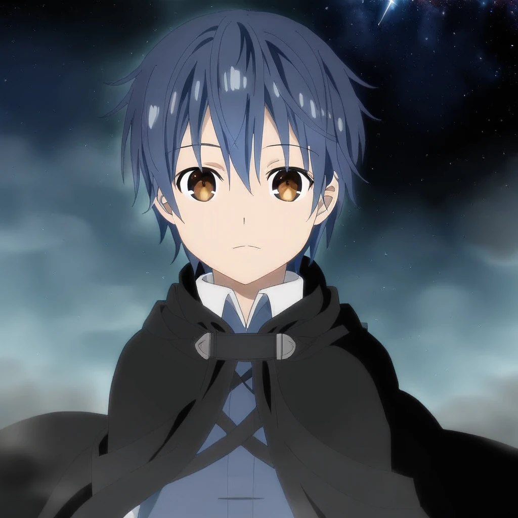 itsuka shido, 1boy, solo, male focus, blue hair, brown eyes, cloak, look at viewer, blow wind, lighting particle, strong rim light, starry sky, (moonlight), fog, snowflake, upper body,