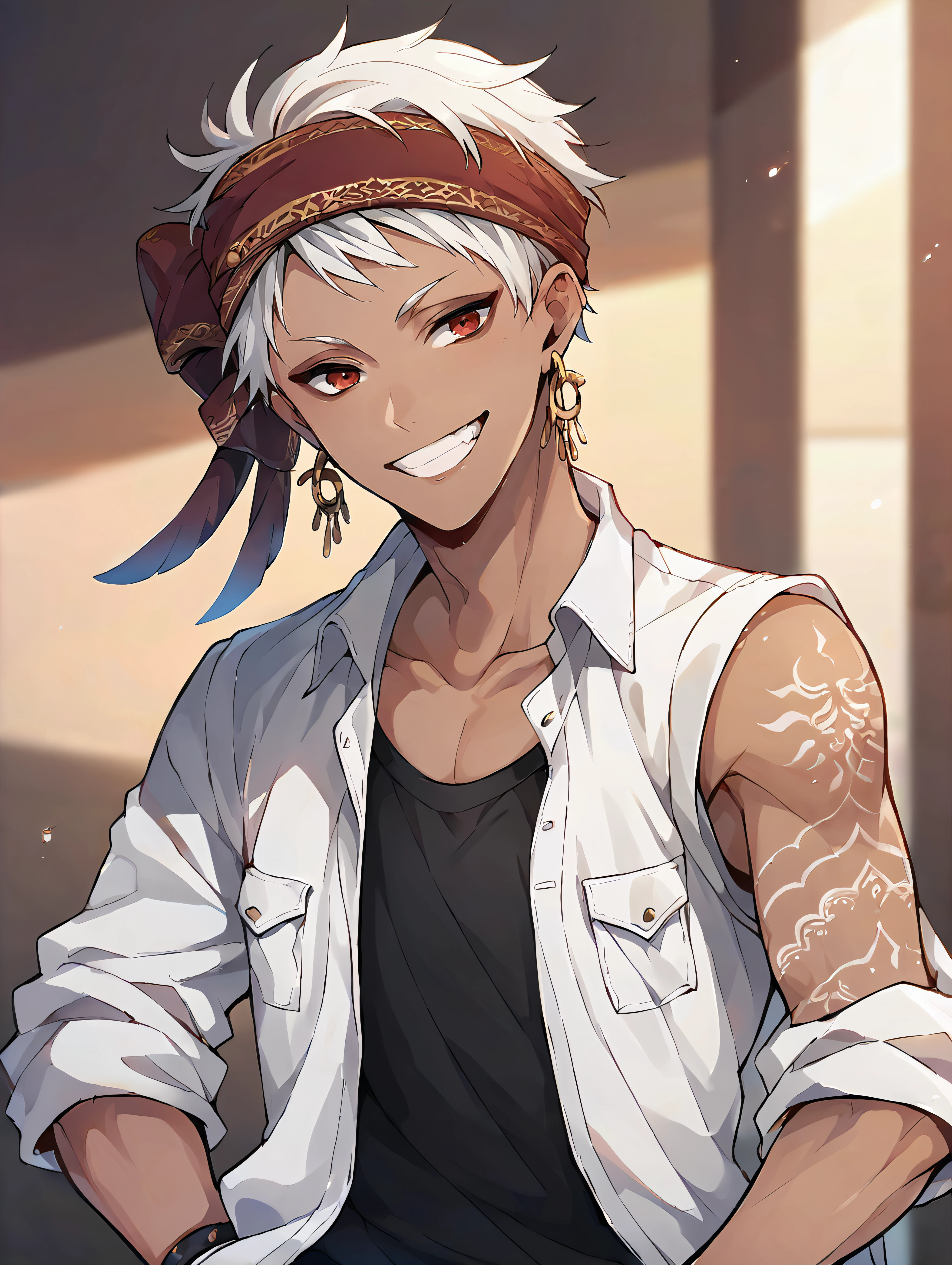 score_9, score_8_up, score_7_up, score_6_up, score_5_up, score_4_up, rating_explicit, BREAK kalimalasim, 1boy, slim, dark skin, arm tattoo, red eyes, white hair, headband, short hair, jewelry, earrings, <lora:KalimAlAsim_PDXL:1>, shirt, smile