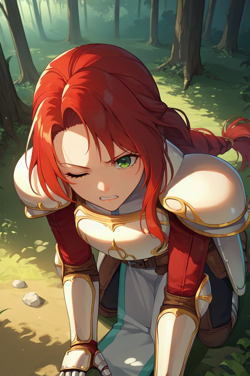 score_9, score_8_up, score_7_up, score_6_up, source_anime BREAK 1girl, solo, <lora:fetitania-pdxl-nvwls-v1-000005:1> defTitania, red hair, green eyes, braided ponytail, armor, shoulder armor, red coat, gauntlets, belt, pelvic curtain, pants, all fours, from above, clenched teeth, wince, looking at you, forest, night