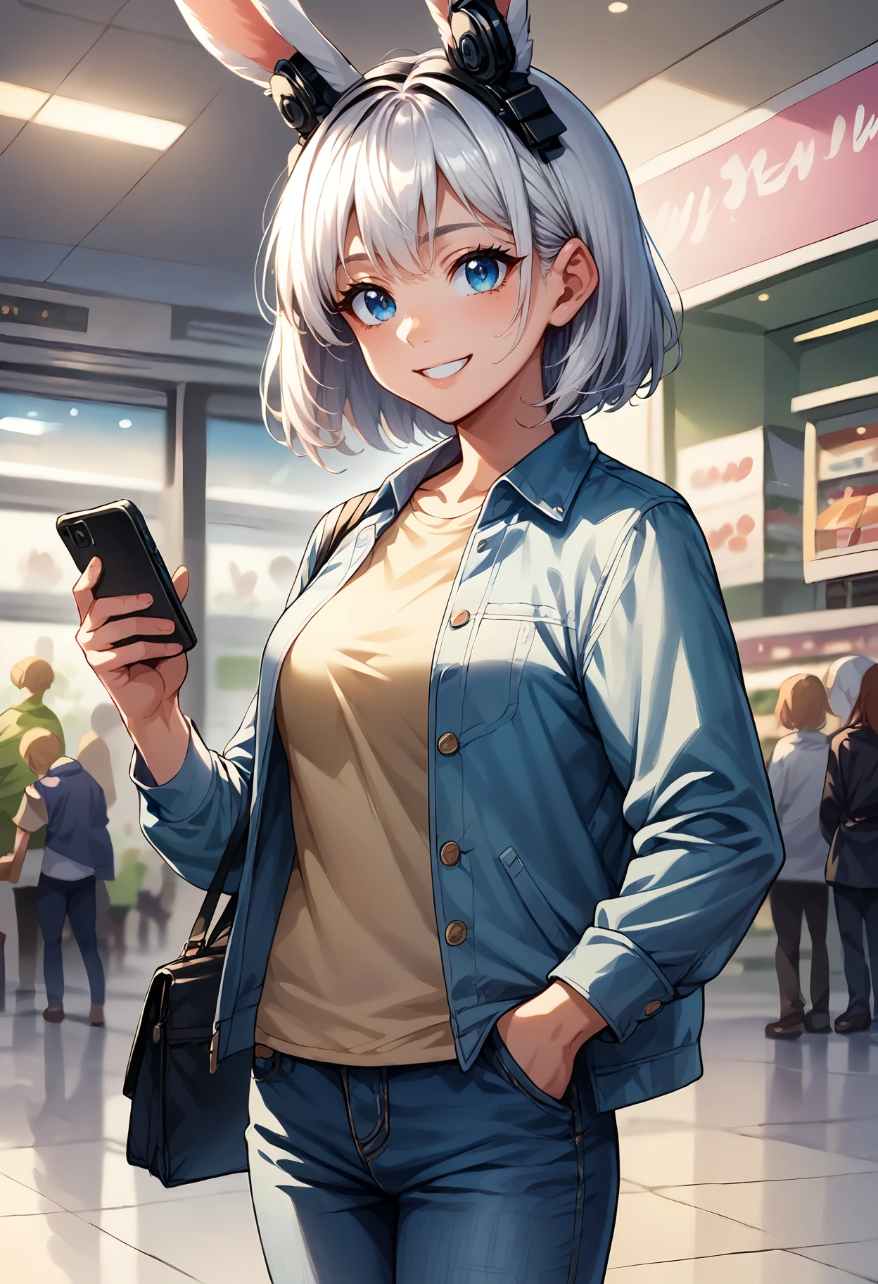 score_9, score_8_up, score_7_up,soft shadows, rating_safe BREAK
headphones, headphones-for-animal-ears, rabbit girl, rabbit ears, mall, shopping, relaxed, smile, white hair, blue eyes, jacket, shirt, jeans, cowboy shot, looking at phone, medium hair, holding phone
<lora:Headphones for animal ears (pony) v1:1>  <lora:RealisticAnime:0.8>