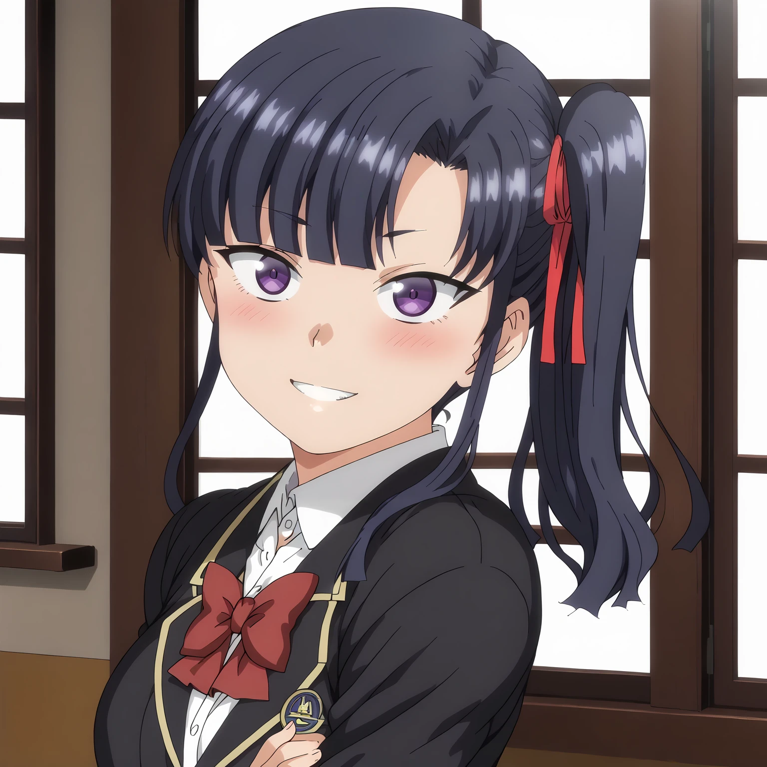<lora:SakuraMiyajimaXLpony003>,
blush,parted lips,smile,
solo,
SakuraMiyajima,1girl,blue hair,side ponytail,purple eyes,hair ribbon,
school_uniform,red bowtie,black blazer,long_sleeves,