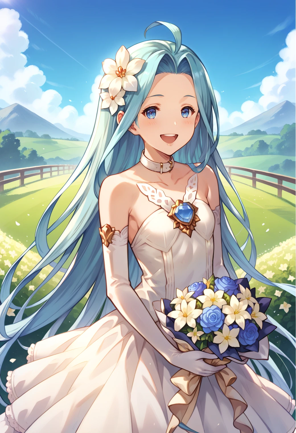 score_9, score_8_up, score_7_up, hd, (ultra hd quality details), outdoors, flower field,
(masterpiece, best quality), fcDetailPortrait, solo, 1girl, luriabase, blue hair, very long hair, ahoge,
wedding dress, hair flower, bare shoulders, white elbow gloves, collarbone, collar, holding bouquet,
looking at viewer, blush, smile, half-closed eyes, open mouth,
standing,
<lora:_lyria-elesicov1:1>
