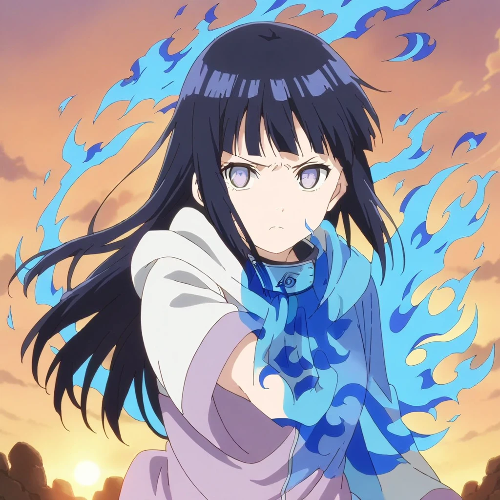 1girl,solo,frown,closed mouth,Hinata Hyuga,focus girl,looking at viewer,long hair,blunt bangs,dark blue hair,light eyes,forehead protector,konohagakure symbol,purple and white hooded jacket,outstretched arm,medium shot:1.2,blue energy,aura,juho shoshiken jutsu,blue energy in hands,blue fire,blue fire in hands,sunday,sunset,clouds,16k,masterpiece,full quality,intricate,highest resolution,extremely detailed,finely detail,Visual Anime,anime,anime coloring,anime_screencap,visual anime,fake_screenshot,vibrant colors<lora:EMS-388463-EMS:1.000000>, <lora:EMS-284334-EMS:0.800000>