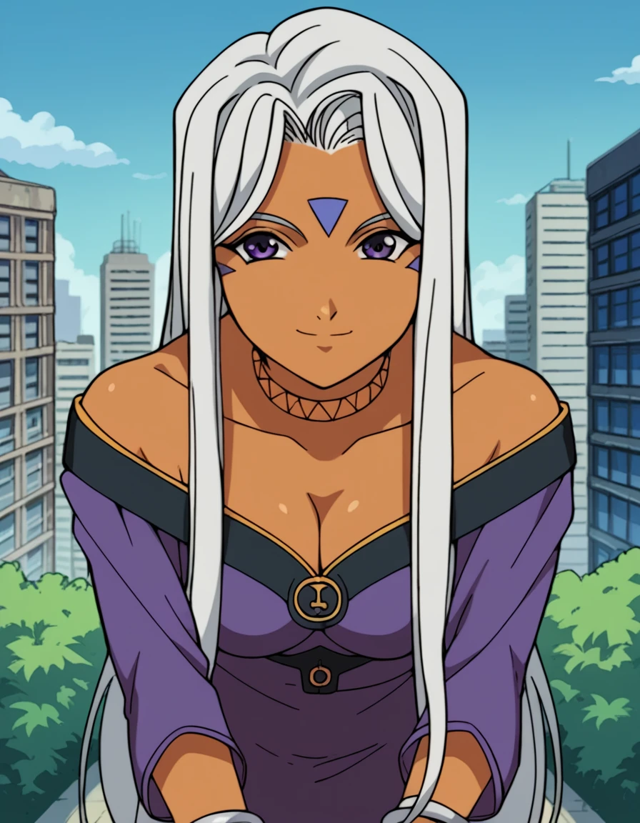 score_9, score_8_up, score_7_up, source_anime,
goddessurd, <lora:goddess-urd-s2-ponyxl-lora-nochekaiser:1>,
goddess urd, long hair, purple eyes, white hair, dark skin, dark-skinned female, facial mark, forehead mark,
cleavage, bare shoulders, jewelry, choker, off shoulder, bracelet, dress, purple dress,
outdoors, cityscape, smile, bent over,
looking at viewer, cowboy shot, solo,