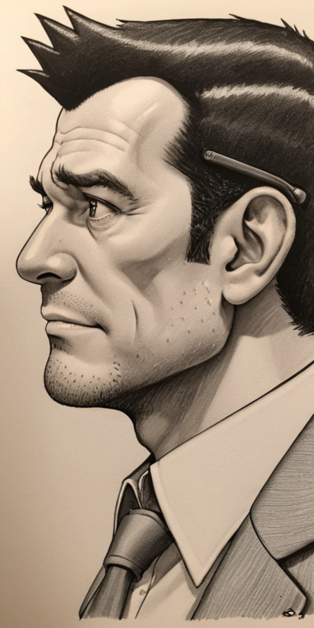 dick_gumshoe, photorealistic, pen on ear