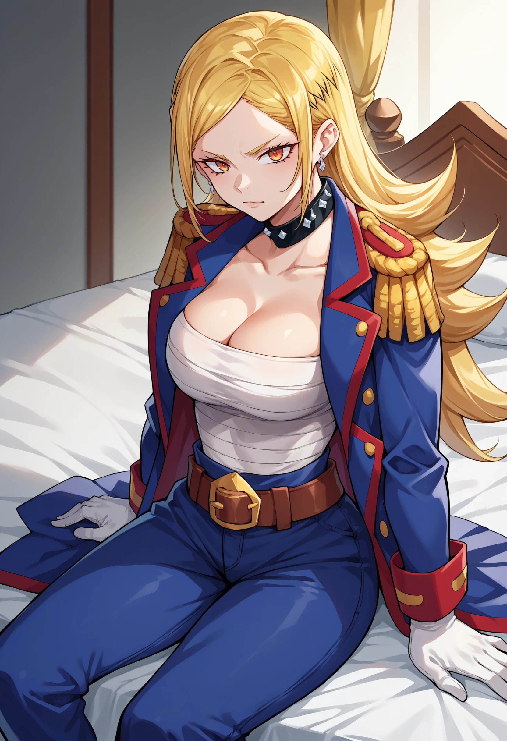 score_9, score_8_up, source_anime, 1girl, solo, KamiuntenMira, long hair, spiked collar, blue coat, epaulettes, sarashi, cleavage, collarbone, white gloves, brown belt, blue pants, sitting, on bed, <lora:ChamKamiuntenMiraPonyXL:1>