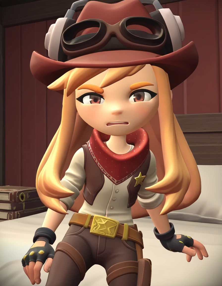 score_9, score_8_up, score_7_up, source_anime,
meggyspletzer, <lora:meggy-spletzer-ponyxl-lora-nochekaiser:1>,
meggy spletzer, long hair, blonde hair, brown eyes, 3d,
gloves, hat, pants, fingerless gloves, eyewear on head, cowboy hat, cowboy western,
indoors, bed, bed room, on side, blush, drunk,
looking at viewer, cowboy shot, dutch angle, solo,