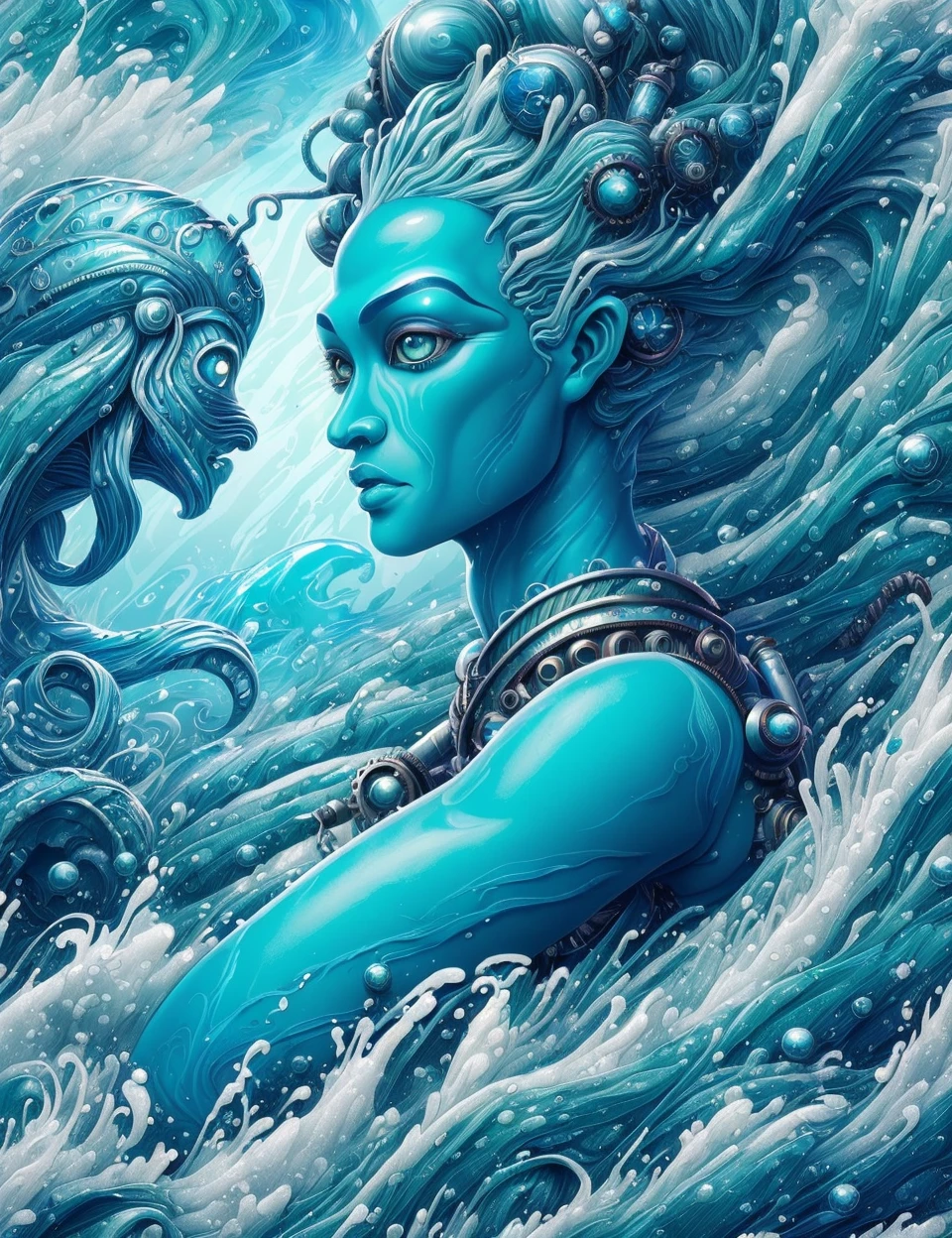 DonMW4t3r3l3 aziza, Mythical sea creatures from Scottish folklore, humanoid with blue skin, known for their prowess in water, can create storms and challenge sailors, associated with the unpredictable nature of the sea, steampunk,futuristic,dying,crumble , <lora:DonMW4t3r3l3:0.9>