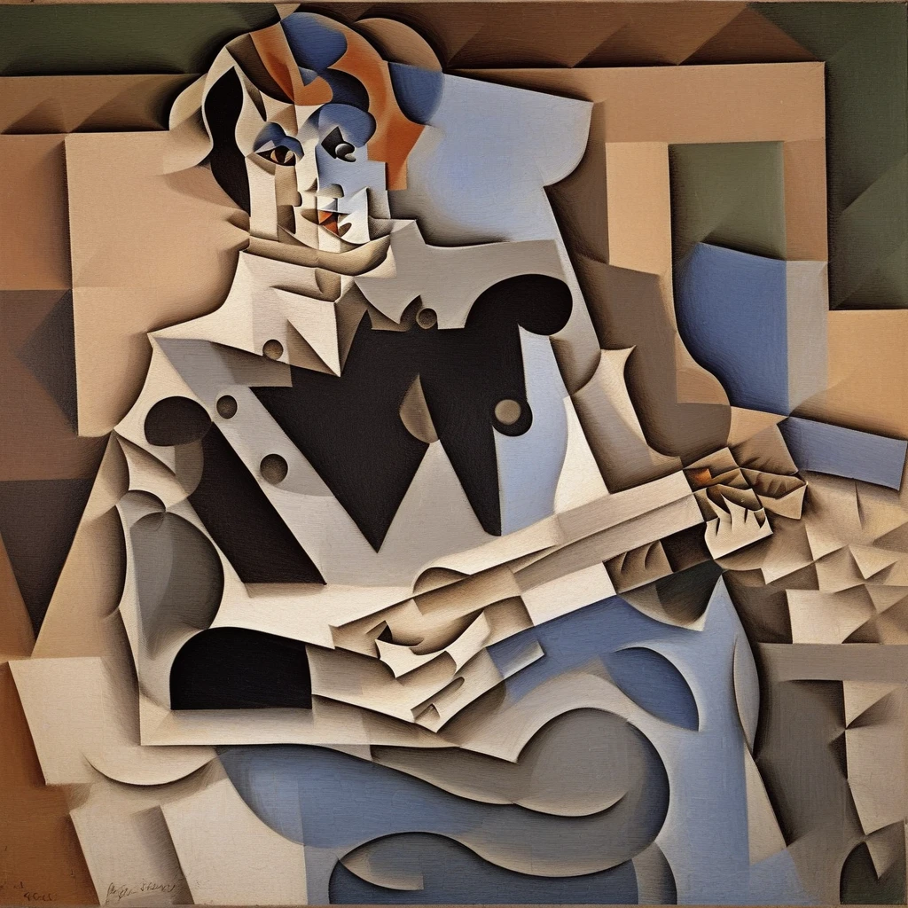 and turns it into a Cubist dance.  It is a visual party where the harlequin is not only dancing; it is moving to the rhythm of Cubism. Imagine a harlequin doing the twist on a record designed by Picasso., Gris begins by giving Picasso the definitive portrait treatment. It's as if capturing the essence of Picasso in a cubist, Picasso