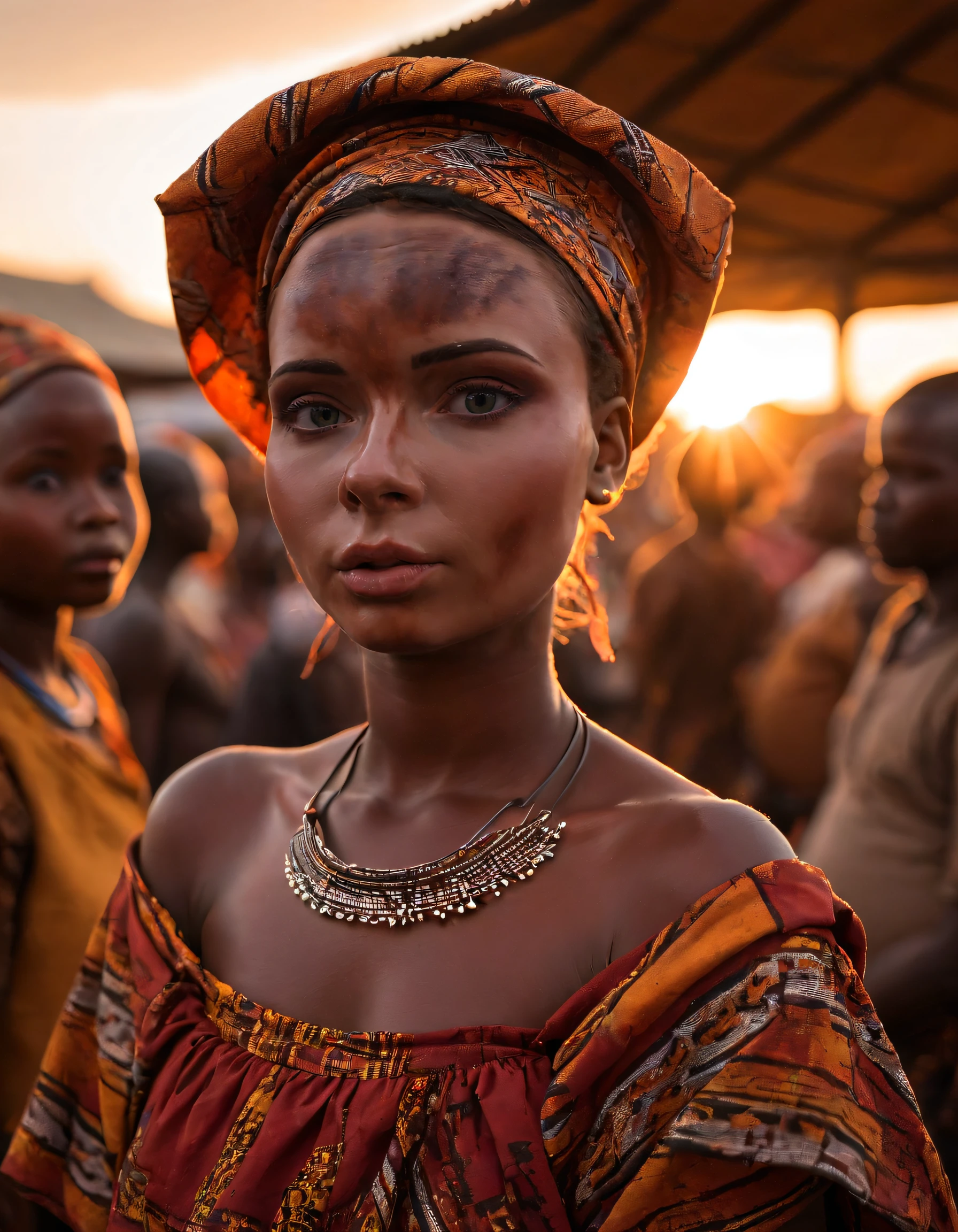 As the sun sets over the busy African marketplace, Jannet, a young girl with a distinctive mole under her mouth, stands confidently in her traditional African dress, her hands resting on her hips, displaying an air of wisdom and strength that belies her age. <lora:yymtzi18fc99044bcu9b:1>