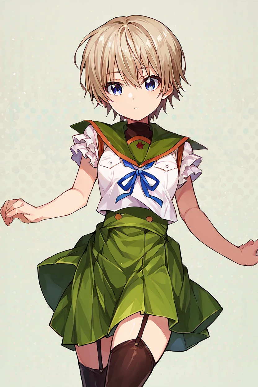 score_9, score_8_up, score_7_up, source_anime BREAK 1girl, solo, <lora:gakkou_miki:1>, gakkou_miki, school uniform, green skirt, green sailor collar, frilled sleeves, black thighhighs, garter straps, short hair, blue eyes, bangs, looking at you
