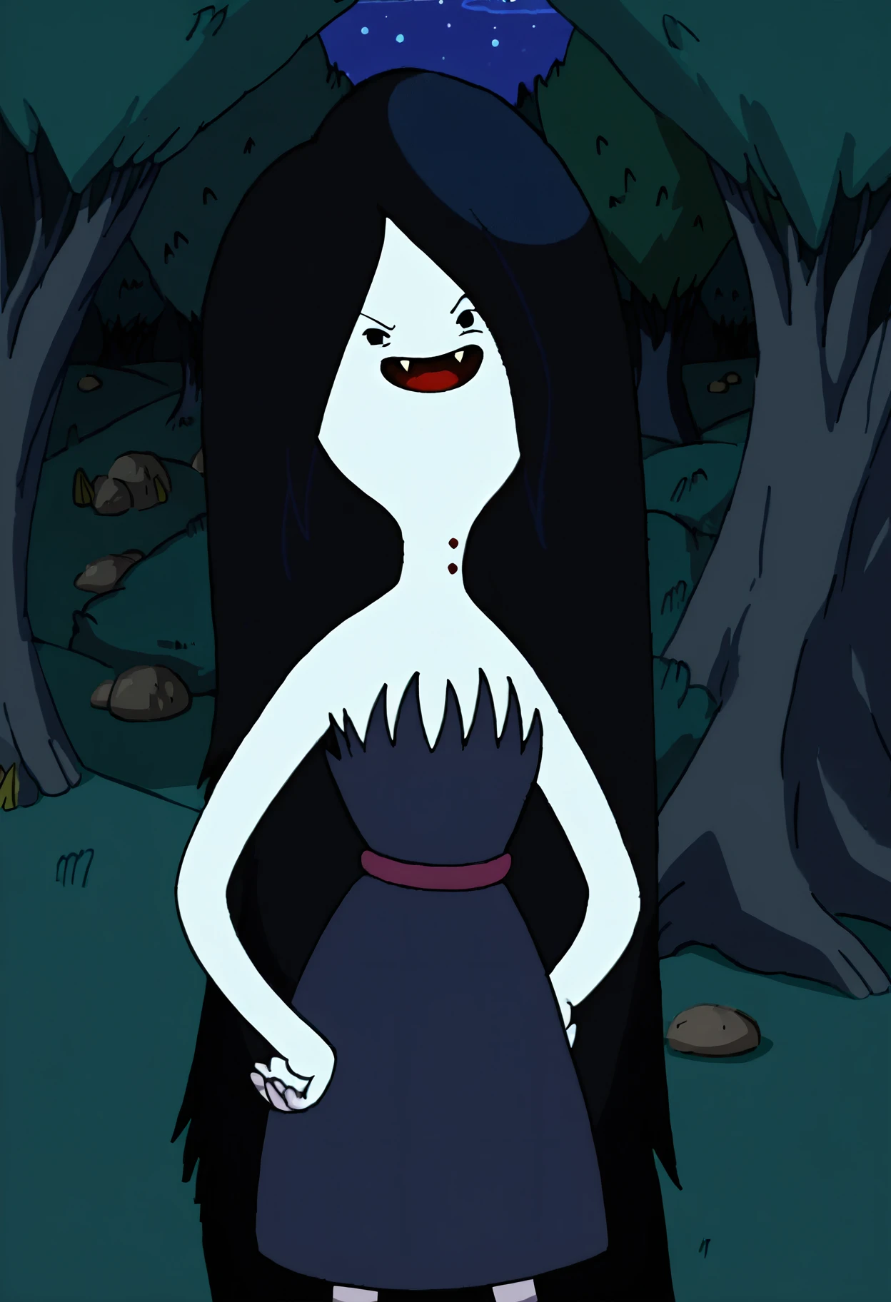 marceline, 1girl, fangs, long hair, black hair, dress, striped shirt, very long hair, , solo, black eyes, bite mark, solid circle eyes, open mouth, smile, tree, grey skin, forest, vampire,outdoors, night, night sky, <lora:MarcelinePony1.1:1>, score_9, score_8_up, score_7_up, score_6_up, score_5_up, score_4_up, looking at viewer, cowboy shot,tree, forest,