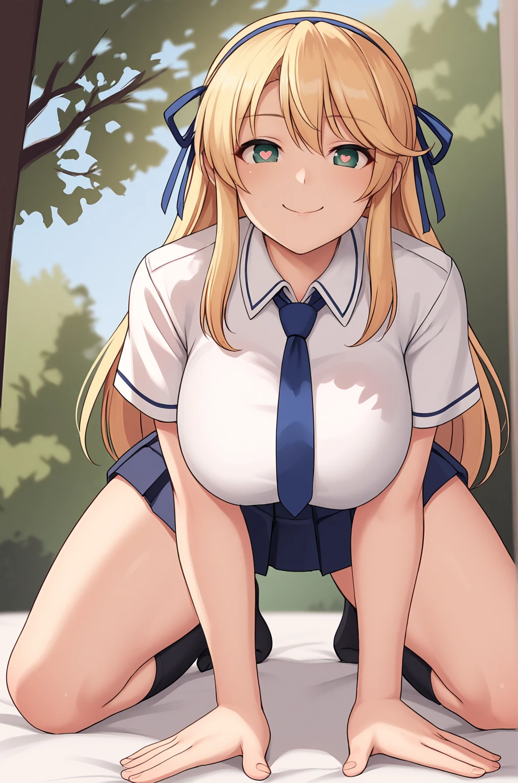 anime artwork, score_9, score_8_up, score_7_up, source_anime, BREAK, thick outline, fat outline,
Katsuragi_XL, green eyes, long blonde hair, blue hair ribbon, double hair ribbon, large breasts, BREAK, Katsuragi_School, school uniform, blue necktie, white buttoned shirt, pleated skirt, dark blue kneehighs, BREAK, outdoors, all fours, from below, hanging breasts, bed, heart-shaped pupils, looking at you,
<lora:Katsuragi_XL:0.7>
<lora:PersonalAmi_PonyXL:1.0>