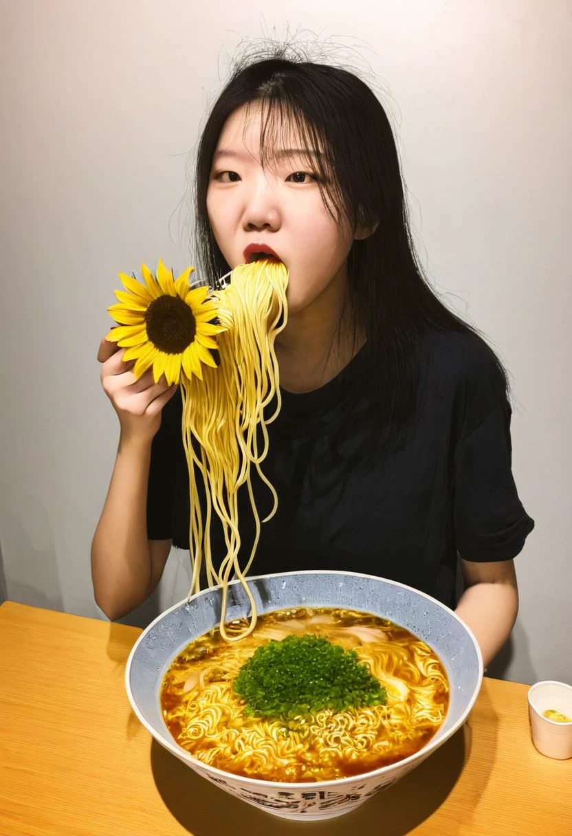 eating ramen, 1girl, solo, sunflower