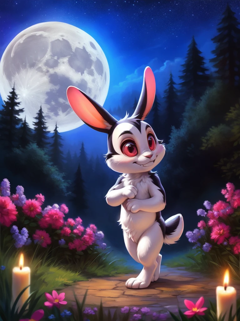 concept art  <lora:BunniculaBunNi1:0.9>  BunniculaBunNi, solo,  Red eyes,  chibi,  white sclera, [forest, grass, stars,moon shining, clouds, flowers, bright moon, candles,]
 (beautiful, aesthetic, perfect, delicate, intricate), masterpiece, digital drawing, best quality,   (walking )
by ulitochka, by taran fiddler, by Silverfox5213, by personalami,  . digital artwork, illustrative, painterly, matte painting, highly detailed