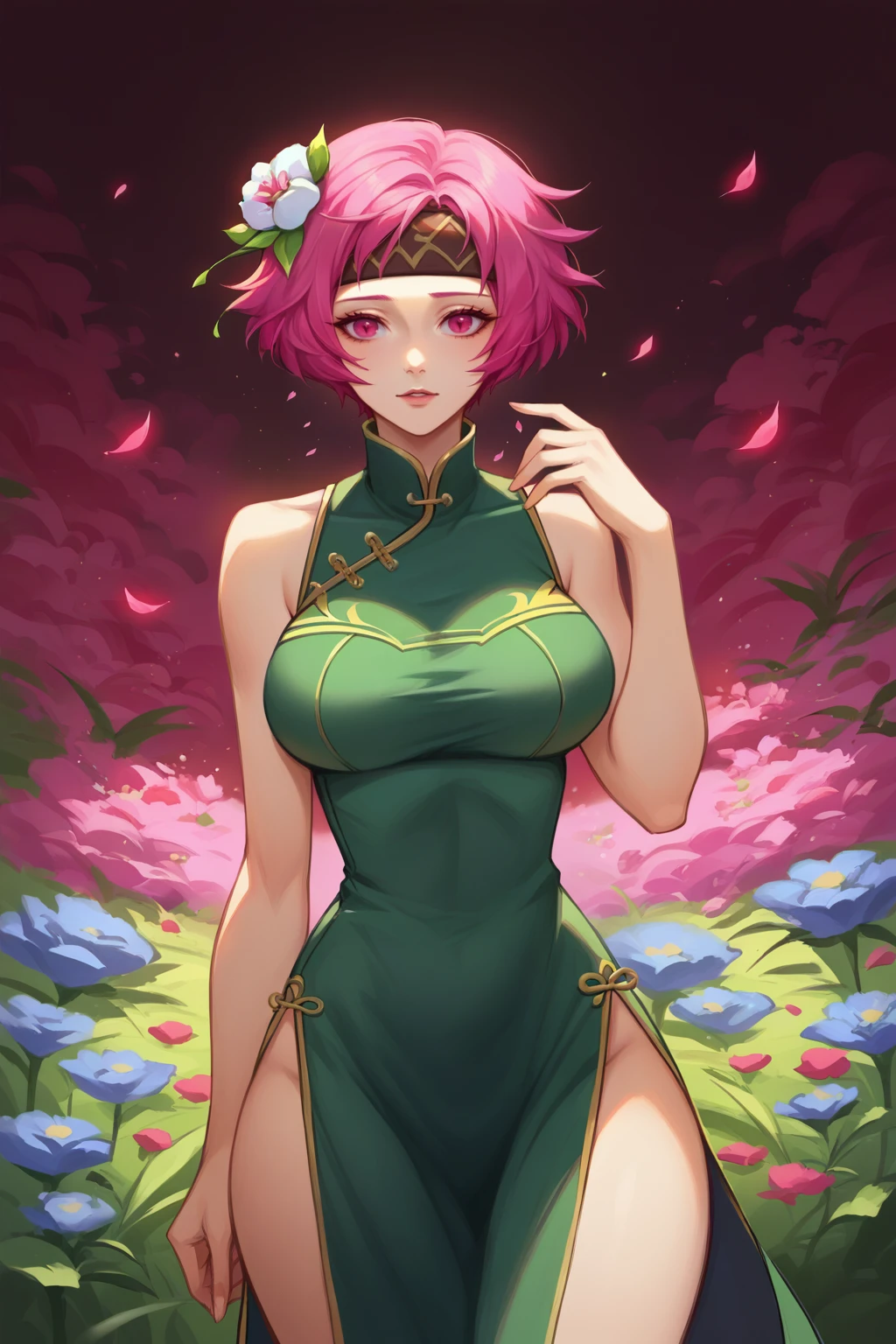 score_9, score_8_up, score_7_up, digital painting, 1girl, solo, <lora:NSNeimiFE8:0.8> NSNeimiFE8, short hair, pink eyes, headband, Chinese dress, side-slit, green dress, hair flower, flowers, flower field, curvy