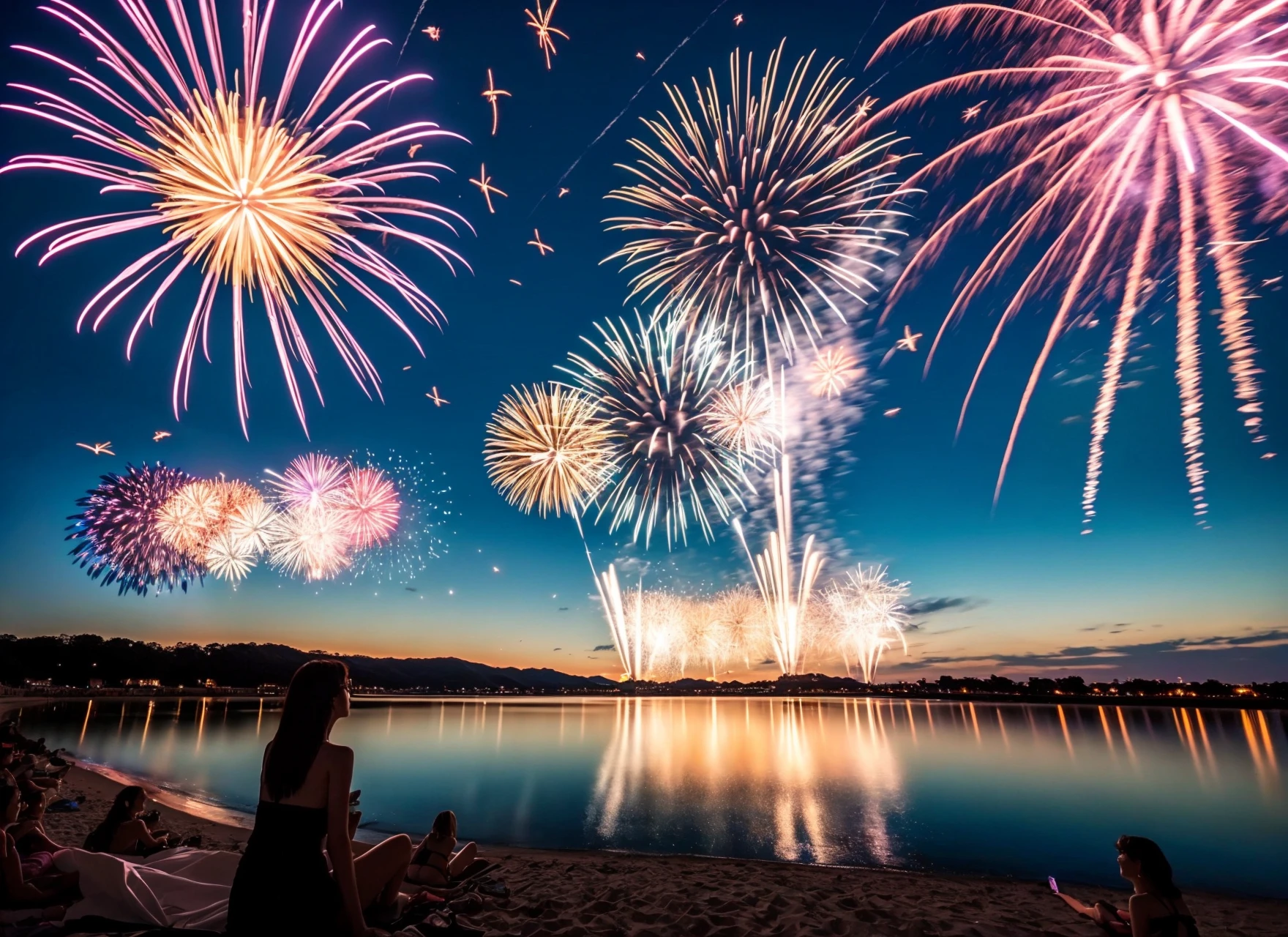 beautiful fireworks,<lora:hanabi_V1:0.8>,hanabi,(masterpiece:1.2),(best-quality:1.2),ultradetail,8k,(1girl:1.9),bikini,beach,realistic,(great view:1.2),beautiful japanese girl,colorful hanabi,night_sky,vivid color,beautiful night sky,