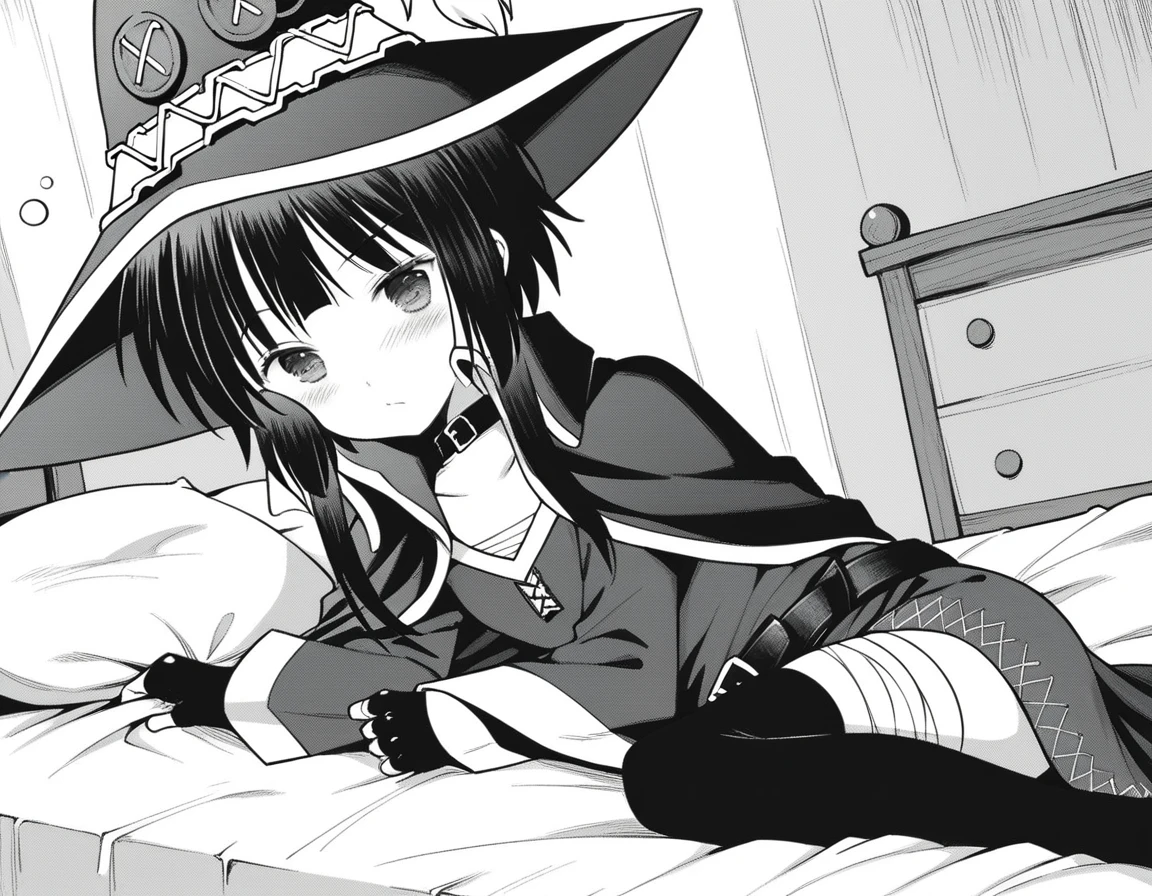 score_9, score_8_up, score_7_up, source_anime,
konosubamegumin, <lora:konosuba-megumin-manga-ponyxl-lora-nochekaiser:1>,
megumin, short hair, black hair, short hair with long locks, monochrome, greyscale,
thighhighs, gloves, hat, dress, black gloves, belt, black thighhighs, fingerless gloves, cape, collar, witch hat, bandages, single thighhigh, asymmetrical legwear, bandaged leg,
indoors, bed, bed room, on side, blush, drunk,
looking at viewer, dutch angle, cowboy shot,