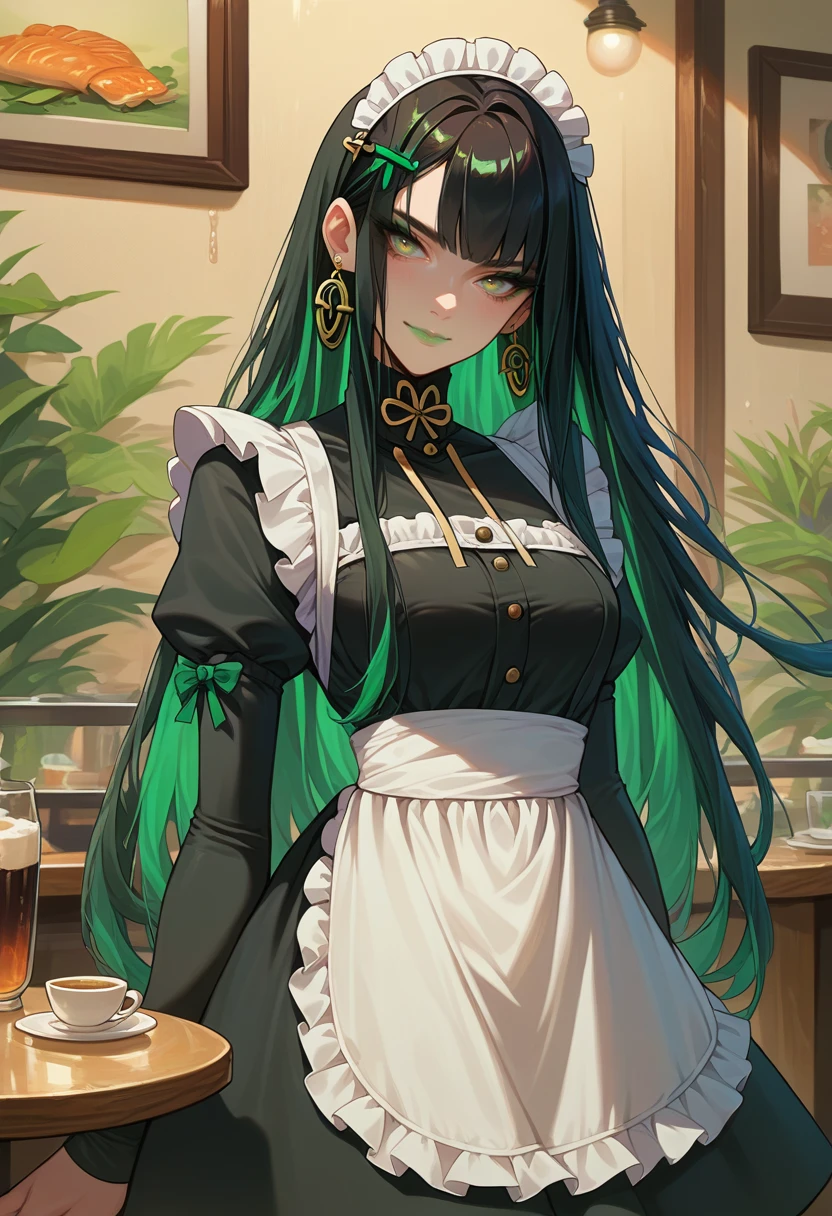 score_9, score_8_up, score_7_up, source_anime, <lora:wrenchqupgr:0.8>, wrnchqupgr, green lips, light smile, green eyeshadow, green eyes, black hair, multicolored hair, maid uniform, maid, maid apron, black clothing, maid headdress, cafe,