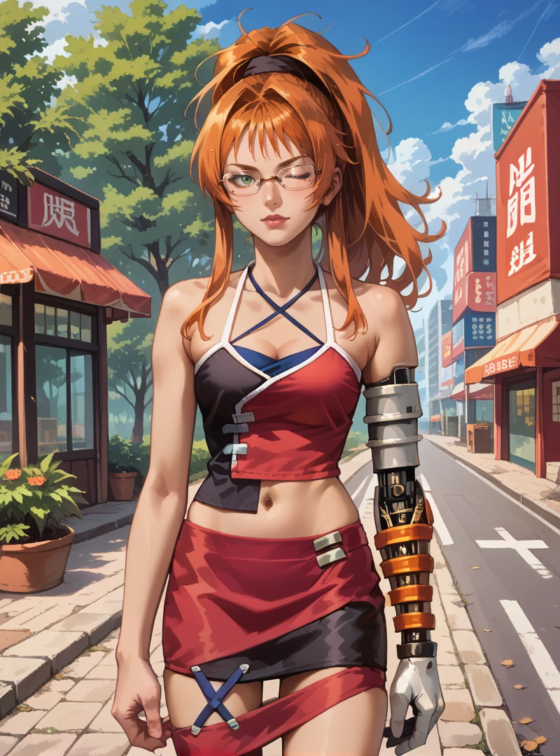 score_9, score_8_up, score_7_up, <lora:Shalua_Rui_-_Final_Fantasy_VII:1> shalua, solo, cowboy shot, glasses, navel, skirt, criss-cross halter, outdoors, one eye closed, mechanical left arm, orange hair,