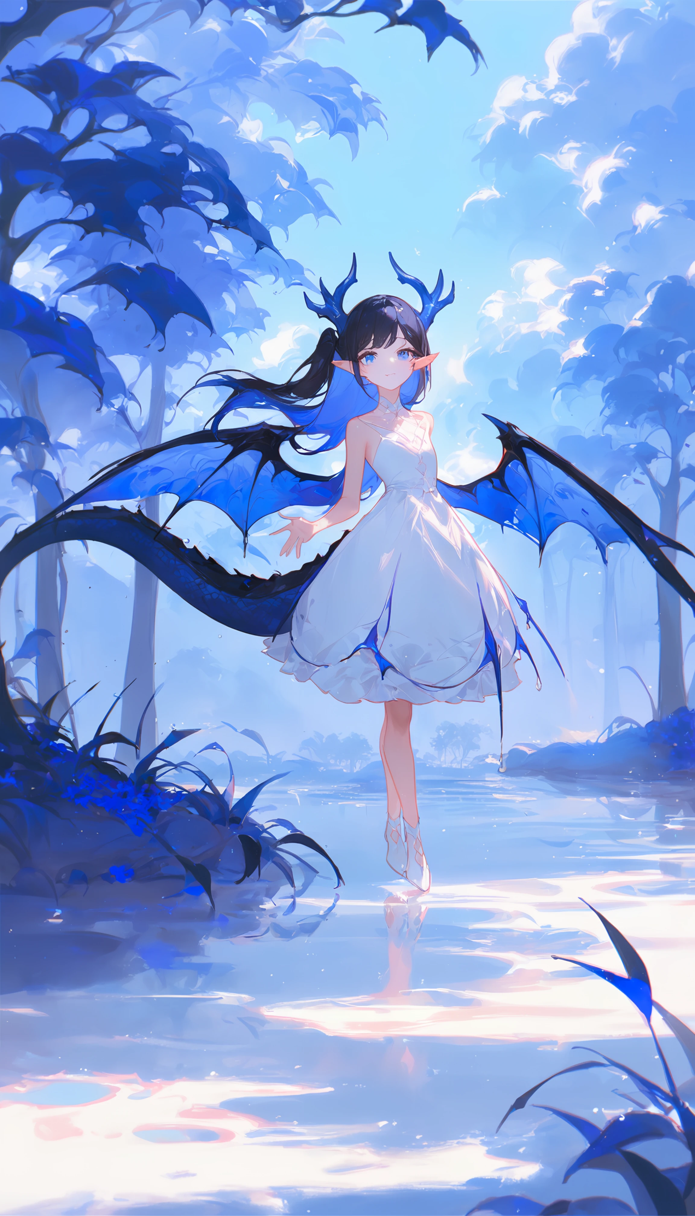 1girl,
ciloranko, maccha \(mochancc\), lobelia \(saclia\), migolu, ask \(askzy\), wanke, (jiu ye sang:1.1), (rumoon:0.9), (mizumi zumi:1.1),
1o1i, solo, dragon girl, dragon tail, dragon wings, dragon horns, white dress, long hair, side up, river, tree, forest, pointy ears, (close-up:0.8), horns, dress, wings, nature, blue theme, scenery, outdoors, grass, white footwear, blue eyes, tail, black hair, full body, water, flat chest, sunlight, cloudy sky, day, dappled sunlight, looking at viewer, wide shot, flying, blue sky, sky, standing, cloud,
masterpiece, newest, absurdres, safe