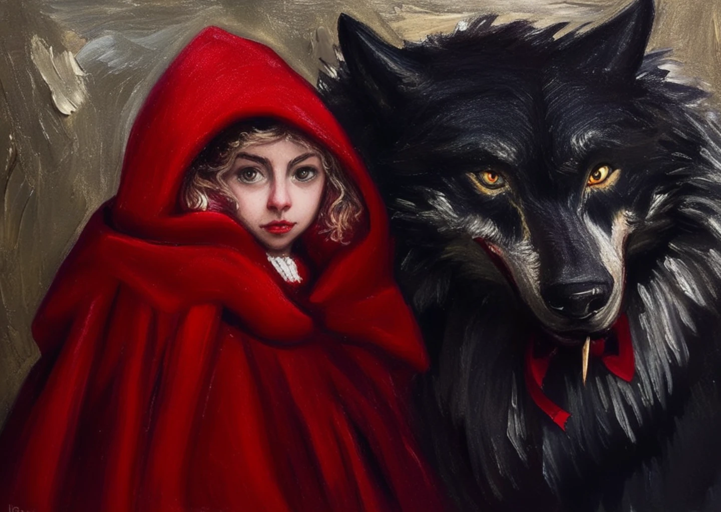 little red riding hood, dire wolf, red ribbon, style_impressionism, fine_art, realistic, fangs, impasto, cinematic, red cape