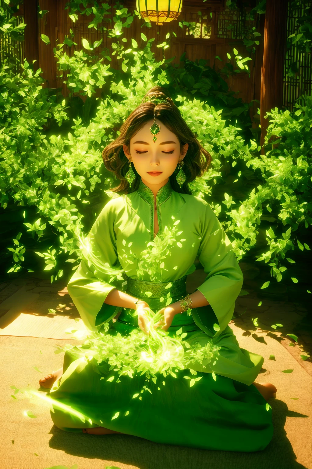 green-aura, green-magic, using green-leaf-magic, using green-healing-magic, green-healing-magic, green-healing-aura, green-leaf-magic, green-leaf-aura, 1girl, solo, jewelry, closed eyes, sitting, earrings,, brown hair, indoors, sheath, glowing, facing viewer<lora:magic_fighting_green_512_dreamshaper_8_2:0.8>,