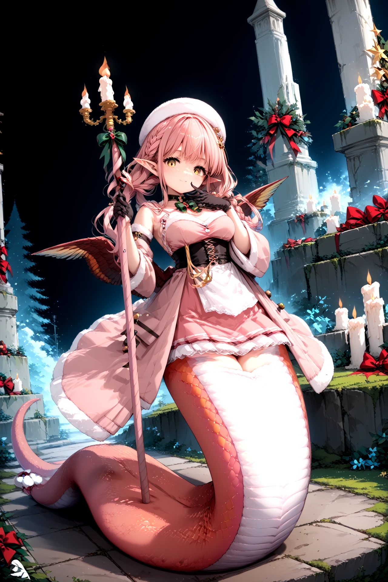 (score_9, score_8_up, score_7_up, source_anime, anime lineart, zPDXL,
(Masterpiece, best quality, illustration, high resolution, hyper detail, finely detailed, ultra-detailed),
pixiv, colorful, distinct, bishoujo), sharp
BREAK
1girl, solo, full body, outdoor,
<lora:SDXL_LoRA_miteras_PONY_dataset_WCoff_bt04_ep007_03000_1024_dim064_a004_LR00020_snr05_noise00_del:1>,
Miteras,yellow_eyes,long_hair,pink_hair,twintails,pointy_ears,lamia,monster_girl,pink_scales,tail,feathered_wings,
braid,hat,pink_dress,black_gloves,holding,holding_staff,staff,candle,christmas_ornaments