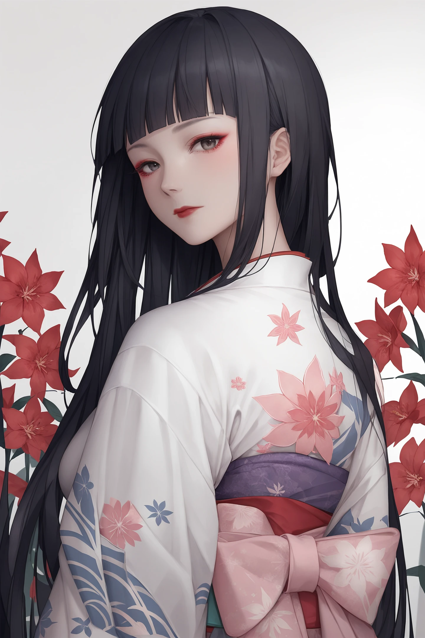 tAngerinestyle, 1girl, solo, long hair, bangs, black hair, looking at viewer, flower, kimono, japanese clothes, blunt bangs, upper body, floral print, brown eyes, looking back, closed mouth, white kimono, red flower, pink flower, hime cut, makeup, from behind, print kimono, straight hair, grey eyes, red lips, <lora:tAngerineStylePony:0.8> score_9, score_8_up, score_7_up, score_6_up, score_5_up, <lora:add-detail-xl:0.3> <lora:Perfect Hands:1>