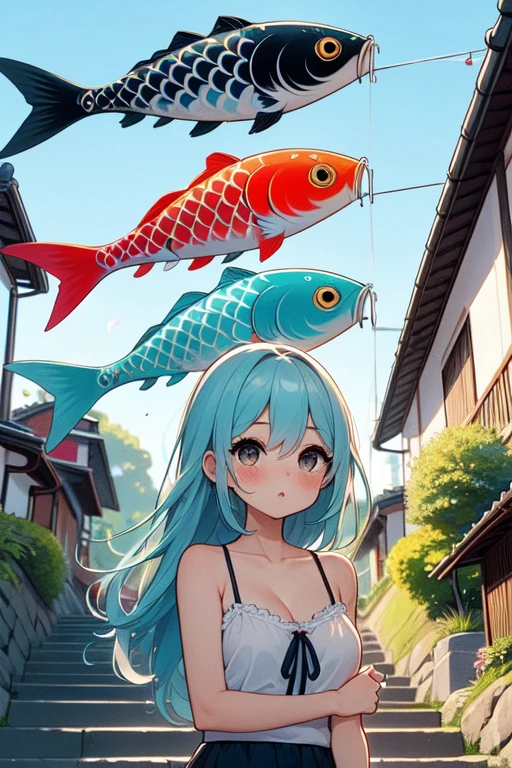 (((masterpiece))), (((best quality))), (((koinobori))), (((colorful carp))), (((flagpole))), ((carp streamer)), looking up, parted lips, floating hair, camisole, steps, slope, alley, street, sky, wind, tree, petals, greenery, lamppole, power pole, low house, japan building, ((crowd)), (((summer festival))), solo, 1girl, cleavage, big tits, shy, blush, slim figure, <lora:girllikekoinobori:0.9>