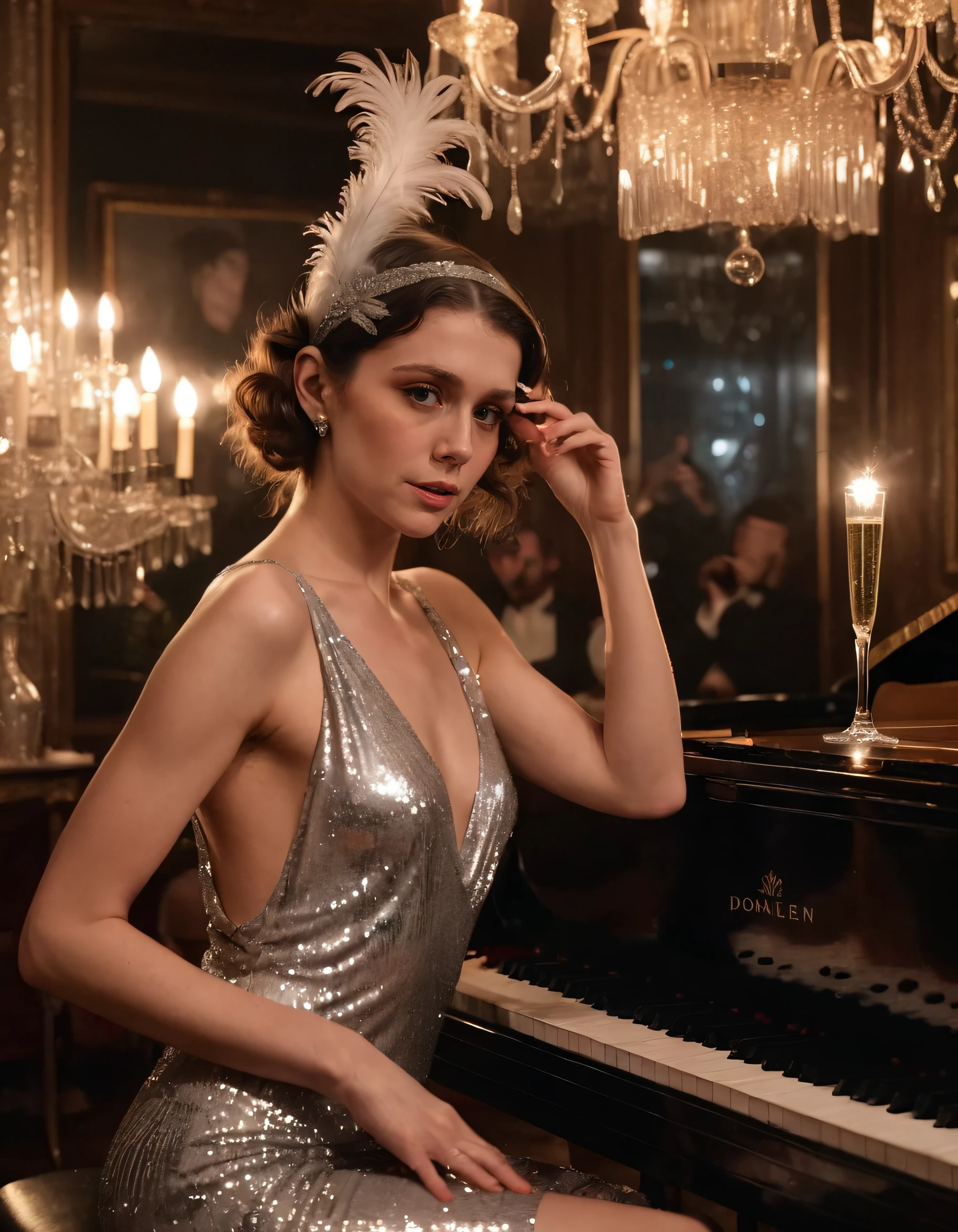 In a Parisian speakeasy, Elena captivates the room with her glamorous presence as she playfully poses atop a grand piano, donning a shimmering silver sequined dress and feathered headpiece while sipping champagne from a glass beneath the glow of an elegant vintage chandelier. <lora:hinksg18fd185015ep10:1>
