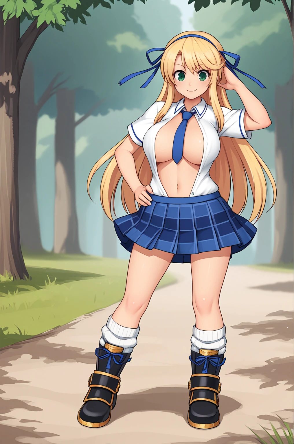 anime artwork, score_9, score_8_up, score_7_up, source_anime, BREAK, thick outline, fat outline,
Katsuragi_XL, green eyes, long blonde hair, blue hair ribbon, double hair ribbon, large breasts, BREAK, Katsuragi_Shinobi, school uniform, blue necktie, unbuttoned white shirt, short sleeves, no bra, plaid blue skirt, navel, loose socks, Katsuragi_boots, ornate boots, piston boots, mechanical boots, golden boots, BREAK, outdoors,
<lora:Katsuragi_XL:0.7>
<lora:PersonalAmi_PonyXL:1.0>