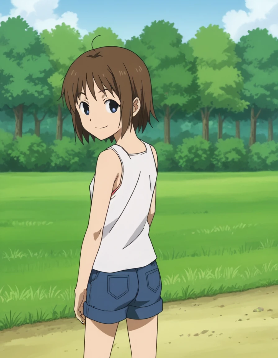 score_9, score_8_up, score_7_up, score_6_up, score_5_up, score_4_up, BREAK source_anime, anime screencap, <lora:HotaruTakegawaXL-08:0.7> HotaruTakegawaXL, 1girl, solo, smile, looking back, grass, looking at viewer, tank top, outdoors