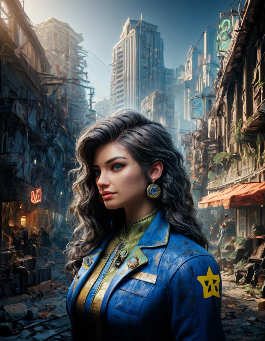 Professional Photography score_9, score_8_up, score_7_up, falloutlora, woman, city, blue suit, long hair . Studio lighting, sharp focus, high-resolution, lifelike colors, (masterpiece), (best quality), (ultra-detailed), score_9, score_8_up, score_7_up, falloutlora, woman, city, blue suit, long hair, illustration, disheveled hair, detailed eyes, perfect composition, moist skin, intricate details, earrings, by wlop