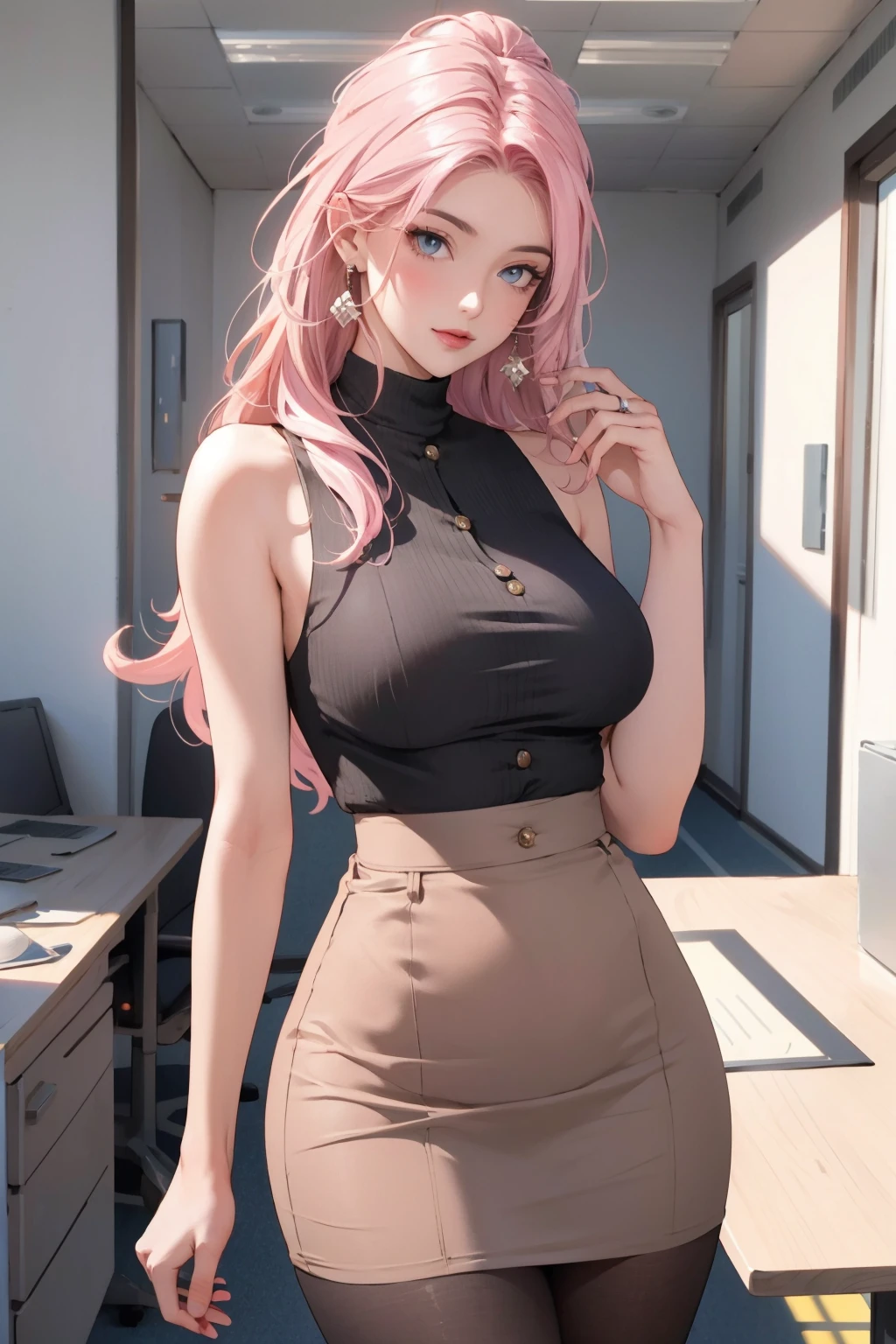 1lady,indoor,office,upper body BREAK
elise,pink hair,long hair,offce lady,earrings,sleeveless,pencil skirt,pantyhose,high heels,<lora:elise_v07:0.7>,