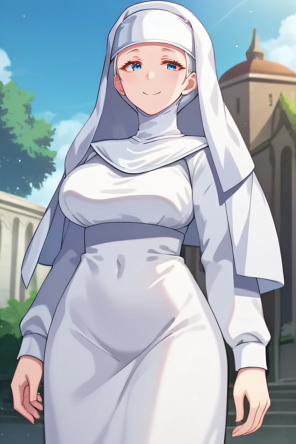 score_9, score_8_up, score_7_up, source_anime, rating_safe, intricate details, anime screencap, official style, <lora:Elouise_Sussex:1>, elouise, blue eyes, nun, habit, white dress, white sleeves, taut dress, large breasts, smile, standing, cowboy shot, outdoor