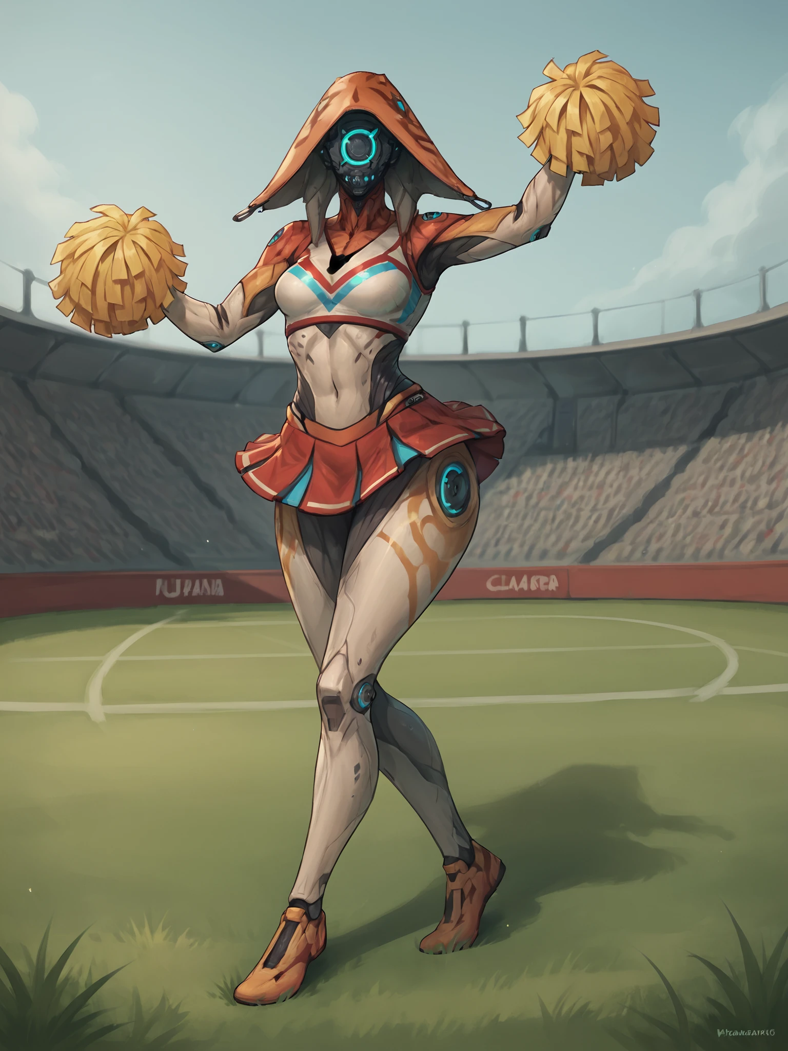 score_9, score_8_up, score_7_up, score_6_up, score_5_up, score_4_up, detailed background, outside, futuristic, science fiction, stadium, grass, solo, full body BREAK
<lora:IvaraWF_PDXL:0.7> IvaraWF, orange hood, yellow body, cyan eyes, looking at viewer, medium breasts, cheerleader, cheerleader outfit, white crop top, red skirt, wide hips, thighs, standing, raised hand, cheerleading pose