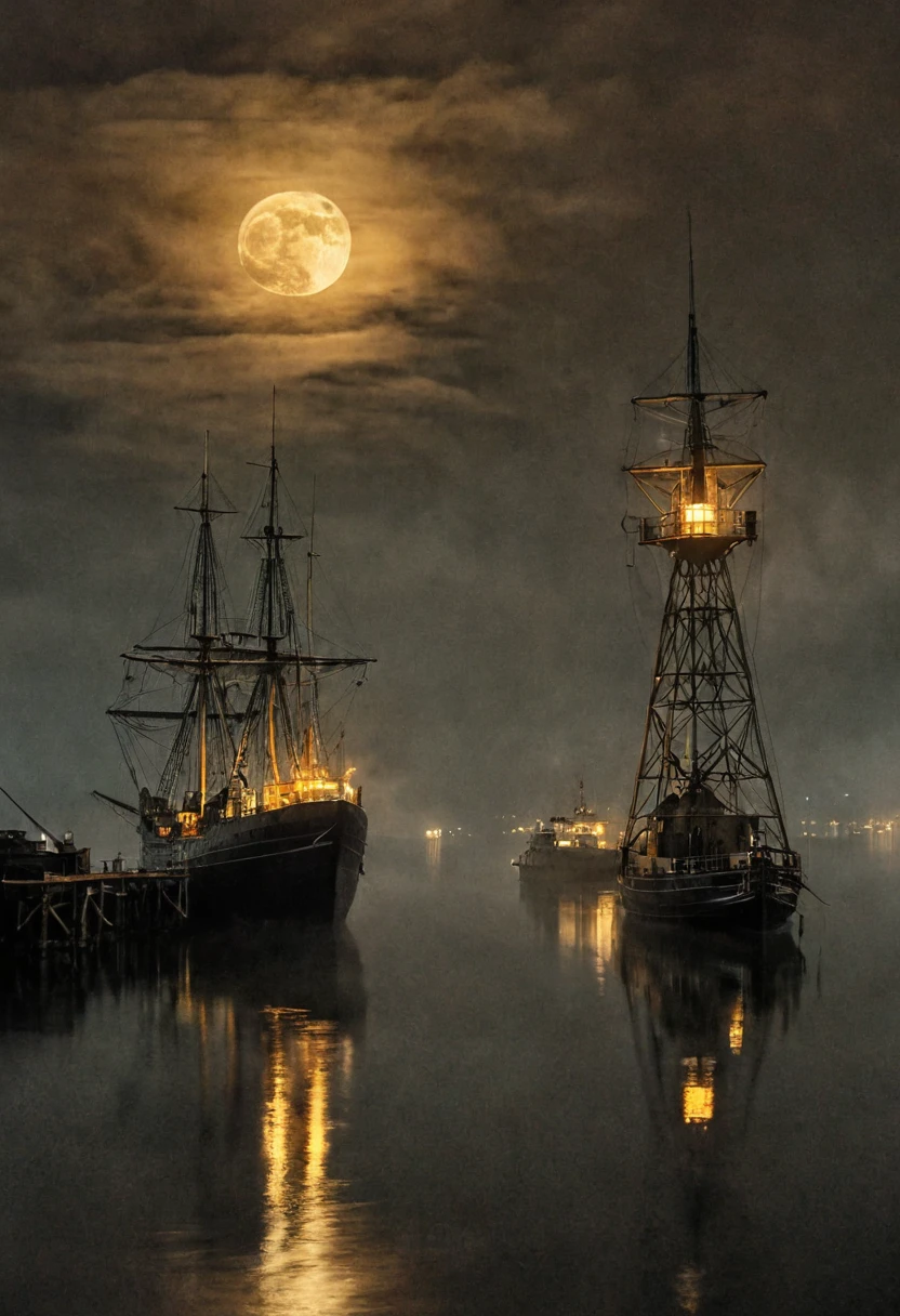 A mesmerizing nocturne photograph capturing a harbor in a fjord, reminiscent, The scene in darkness, with only dim rembrandt lights illuminating the seashore docks. A lonely fire tower casts a warm, golden glow, while the moon in the background looms ominously through the shadows, A large ship coming through the curtain of mist.