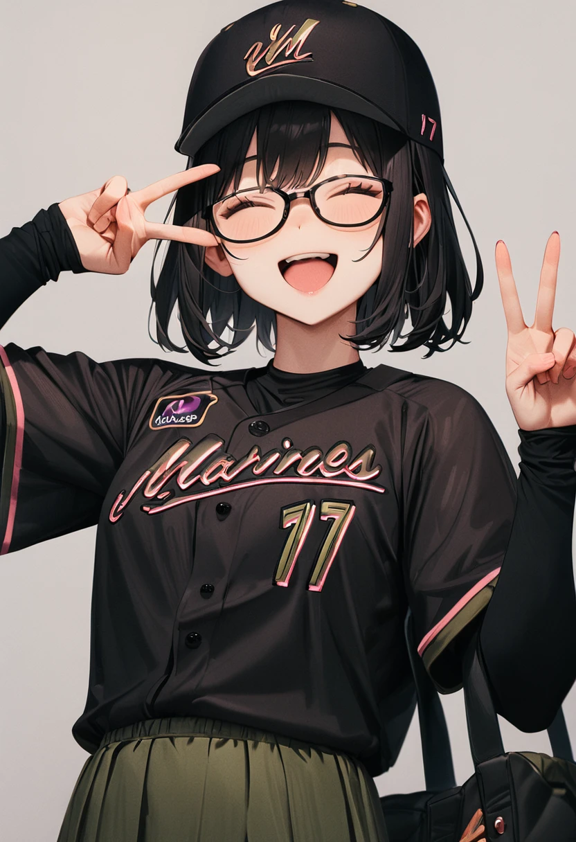 masterpiece, best quality, very aesthetic, absurdres,
1girl, glasses, black hair, medium hair,
BSW2024_17, baseball uniform, baseball cap, black shirt, skirt, bag, happy, smile, closed eyes, open mouth, v, looking at viewer, simple background, grey background
<lora:chiba_lotte_marines_BSW2024_SDXL_V1:1>